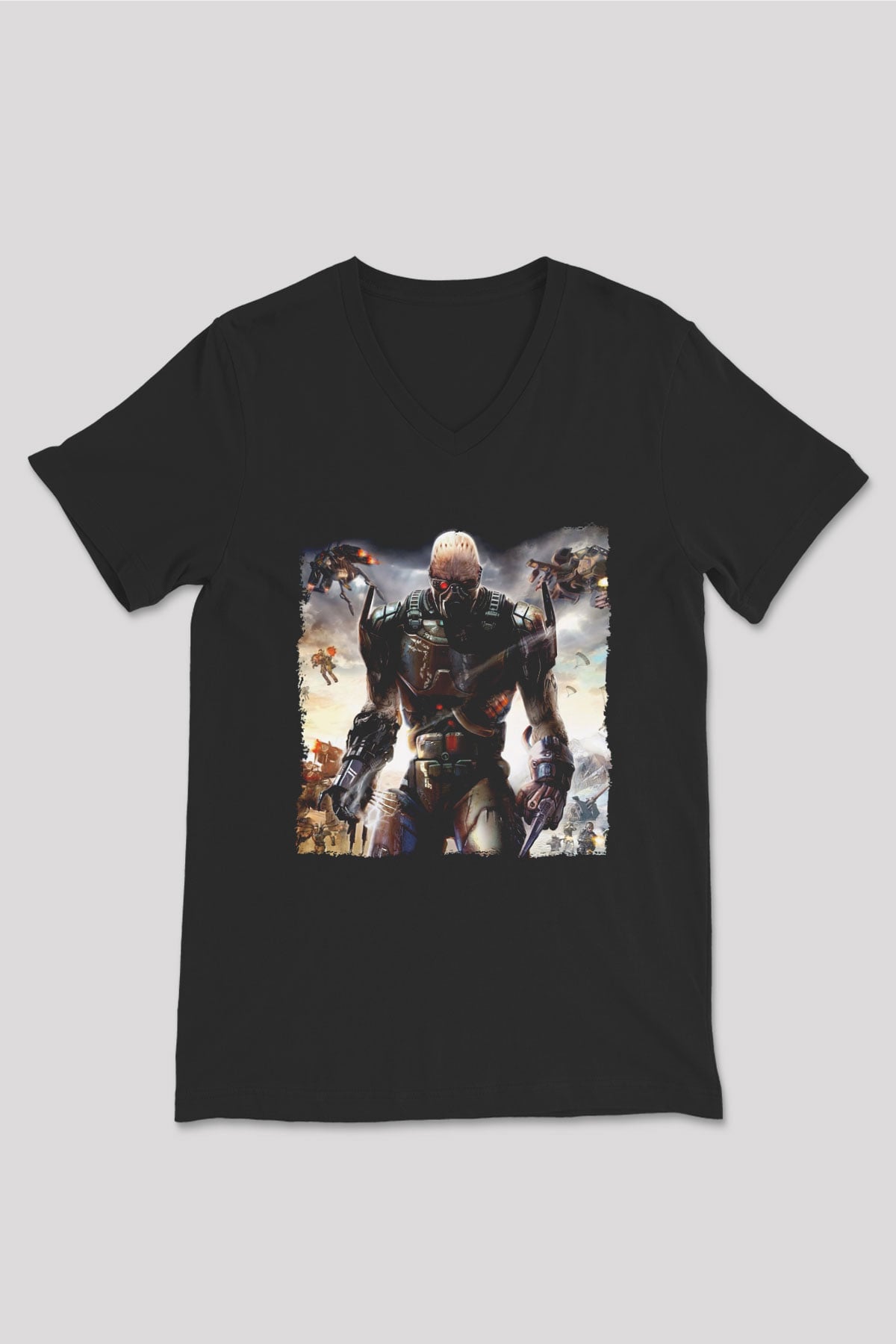 Quake Wars Siyah Unisex V Yaka Tişört
