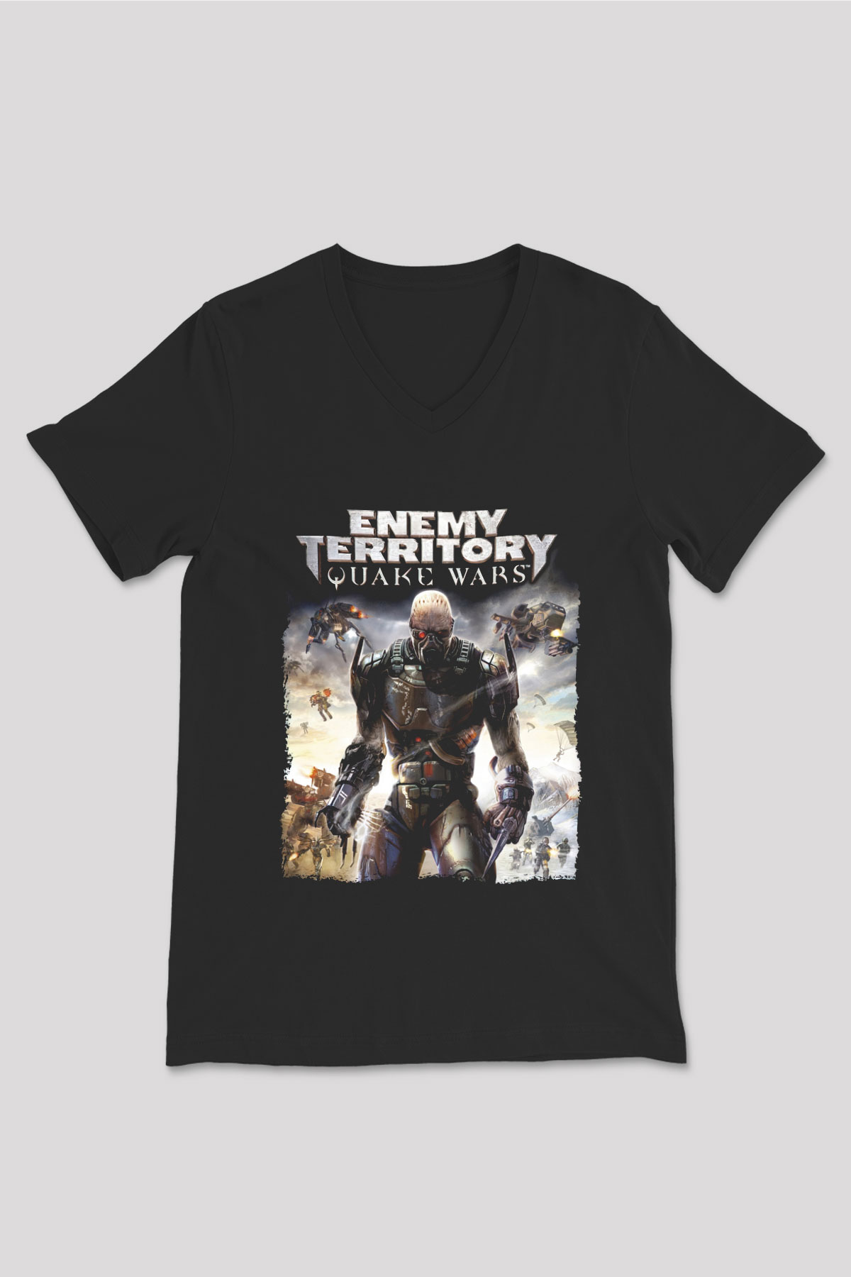 Quake Wars Siyah Unisex V Yaka Tişört