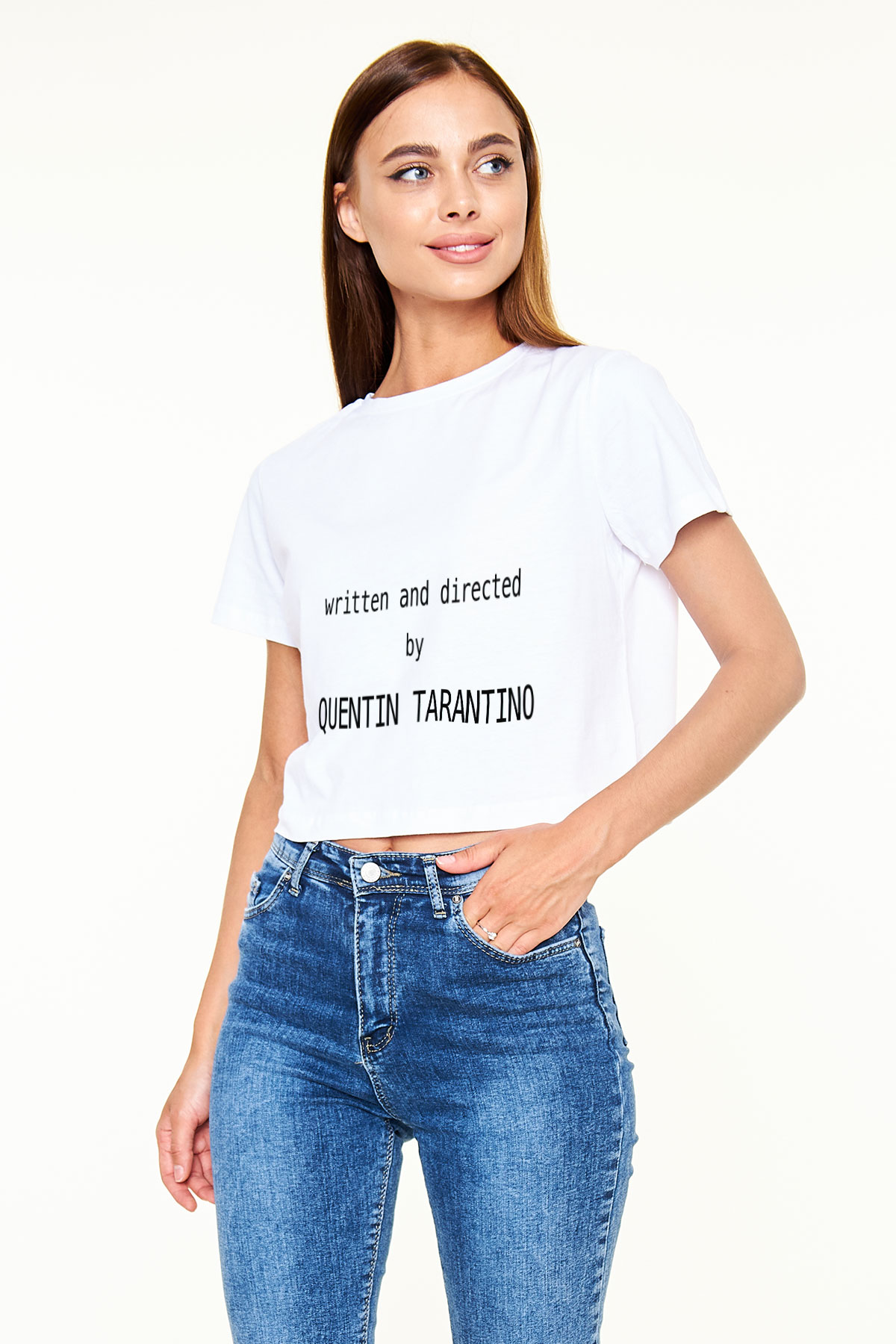 Quentin Tarantino Yazılı Beyaz Croptop Tişört