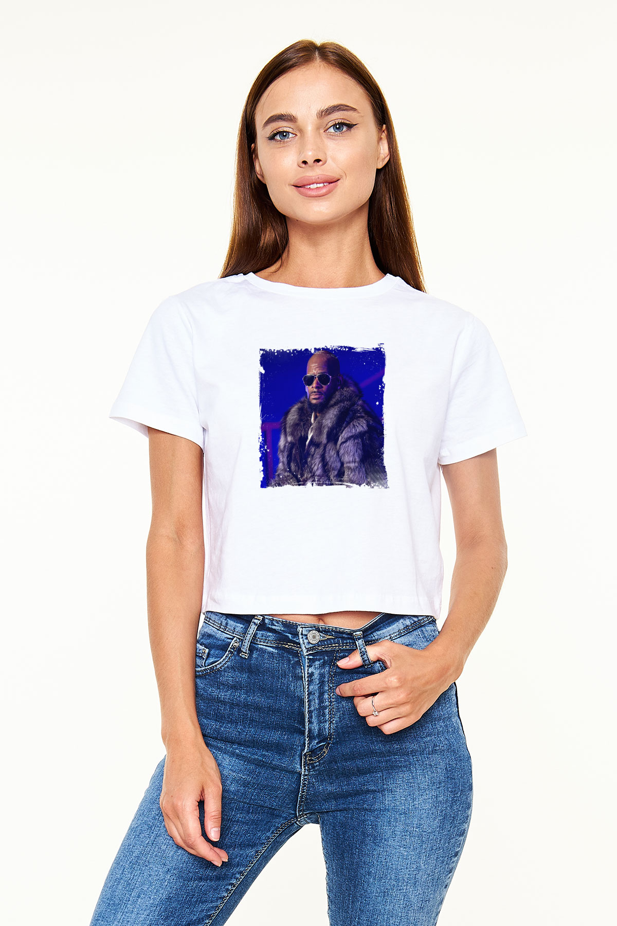 R. Kelly Baskılı Beyaz Kadın Crop Top Tişört