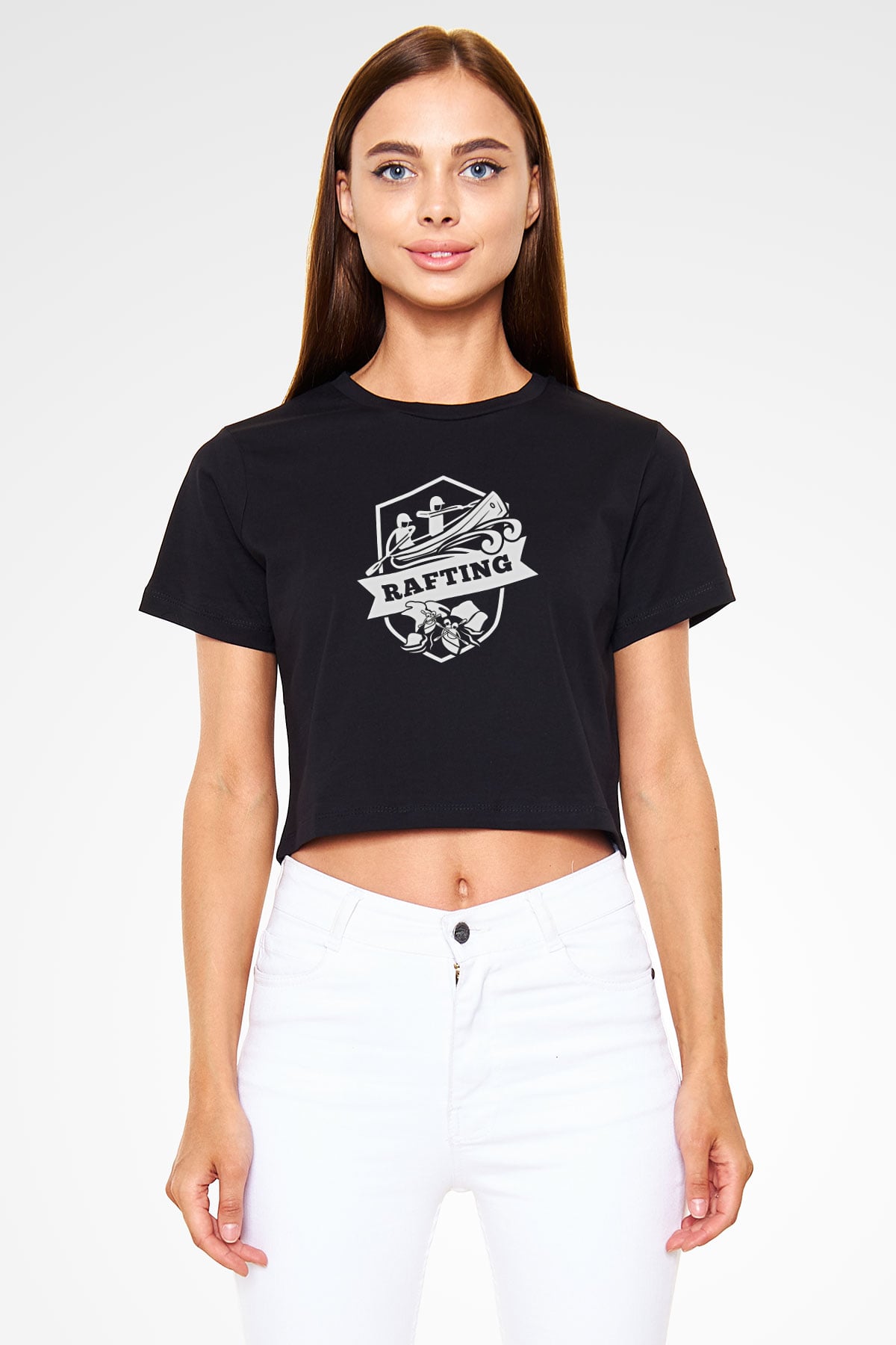 Rafting Baskılı Crop Top Siyah Kadın Tişört - Tshirt