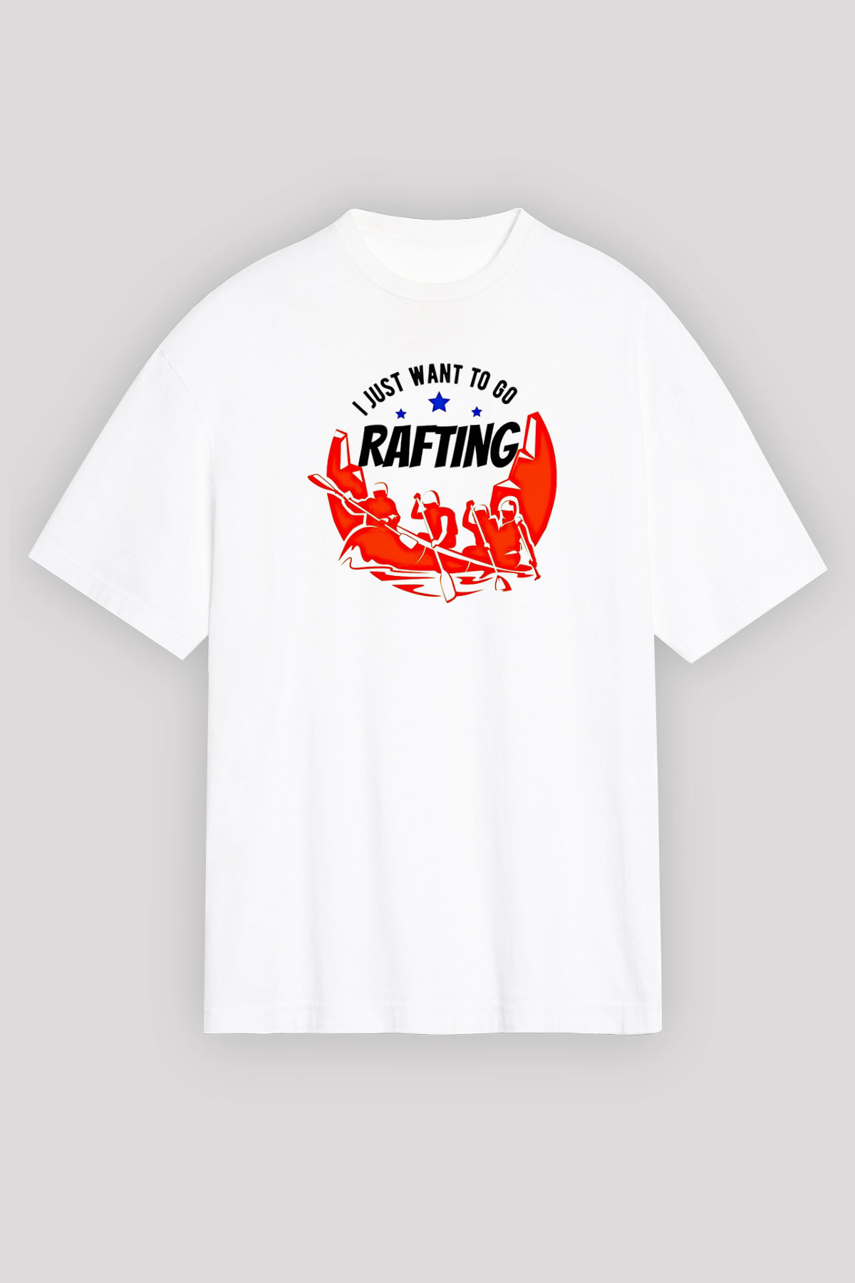 Rafting Baskılı Unisex Beyaz Oversize Tişört - Tshirt