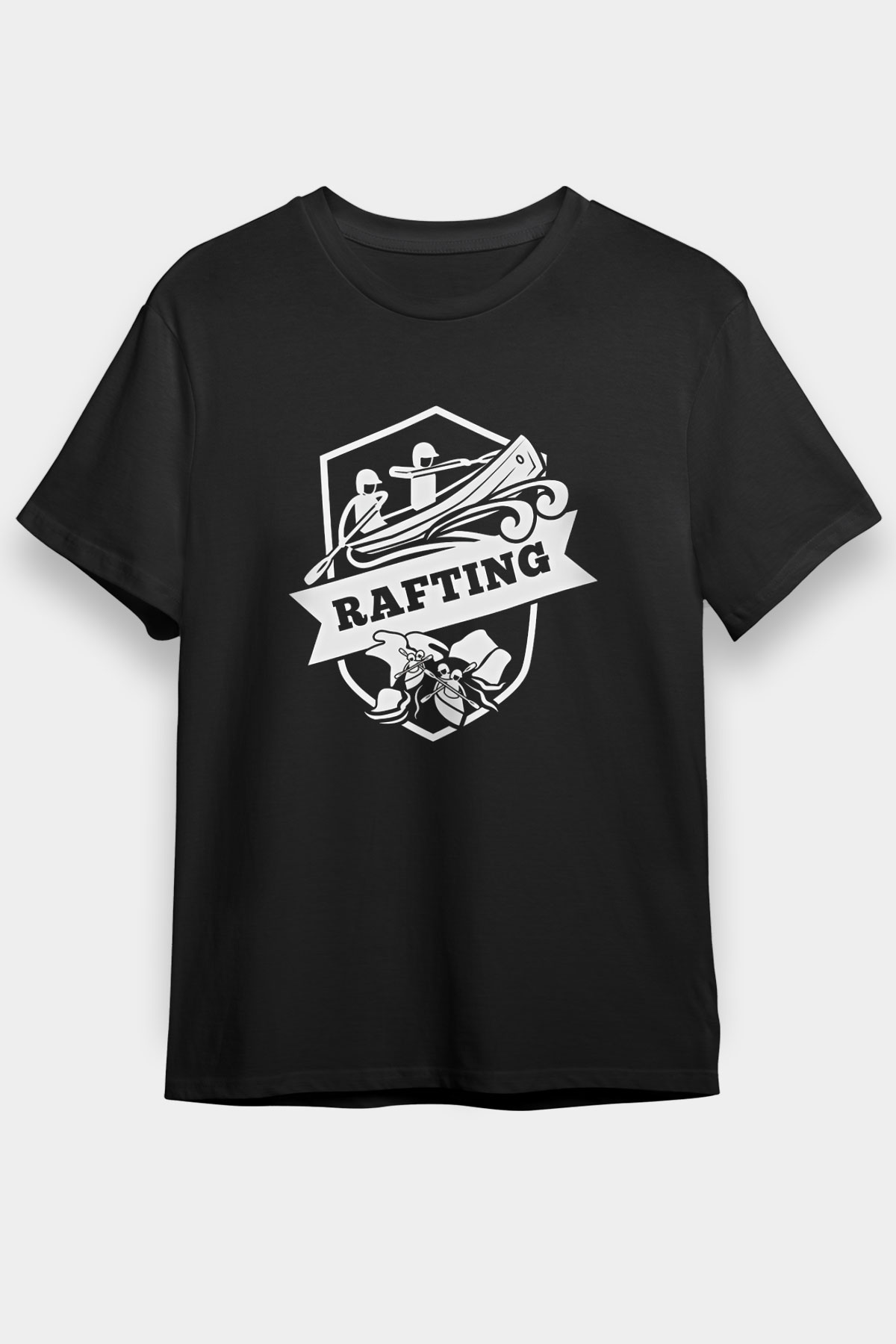 Rafting Baskılı Unisex Siyah Tişört - Tshirt