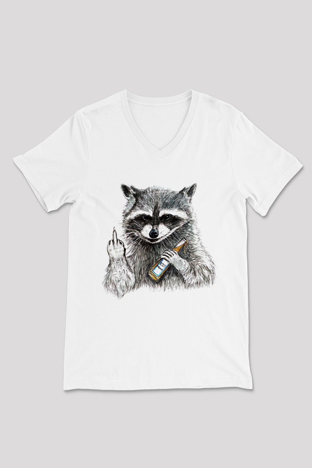 Rakun Beyaz Unisex V Yaka Tişört T-Shirt