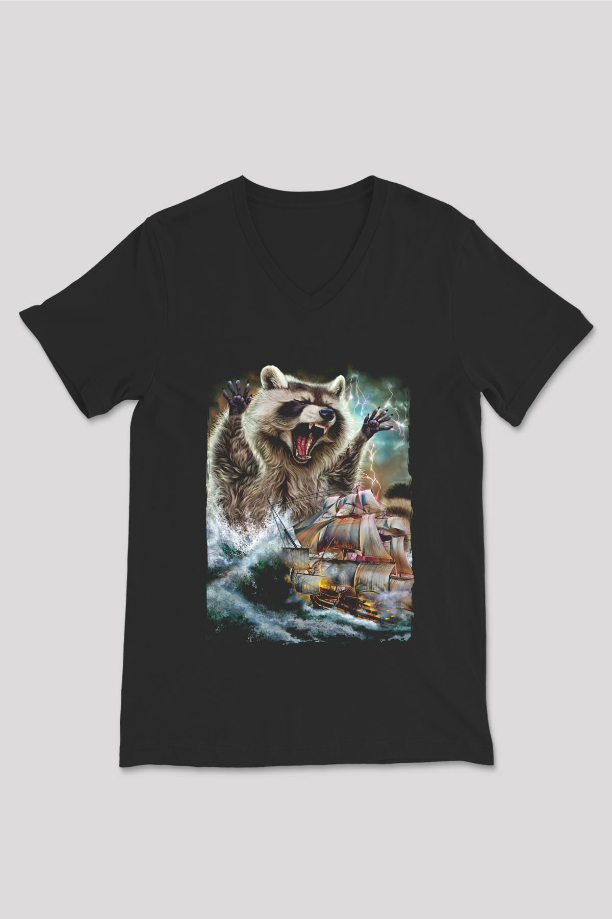 Rakun Siyah Unisex V Yaka Tişört