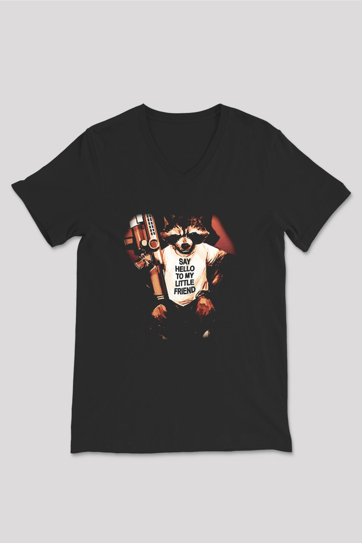 Rakun Siyah Unisex V Yaka Tişört T-Shirt