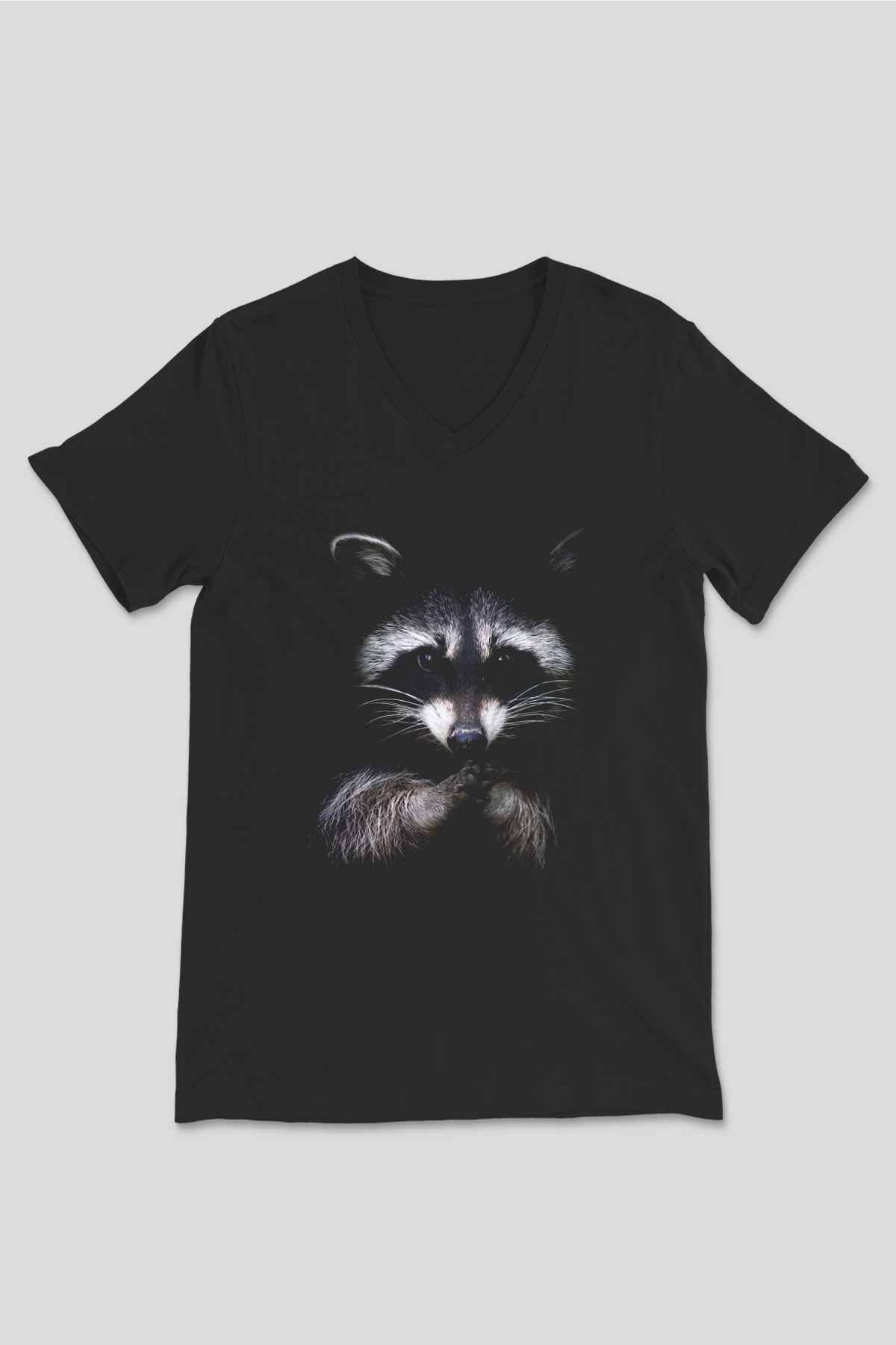 Rakun Siyah Unisex V Yaka Tişört T-Shirt