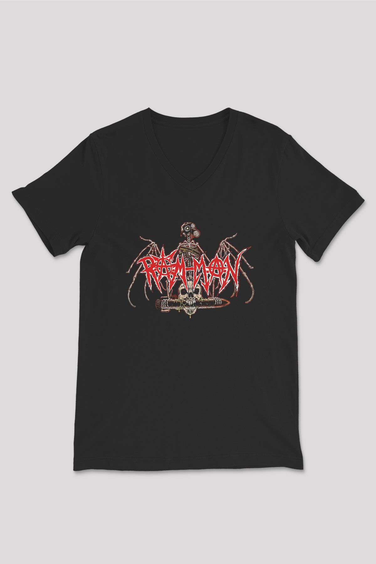 Ram Man Baskılı Unisex Siyah V Yaka Tişört - Tshirt