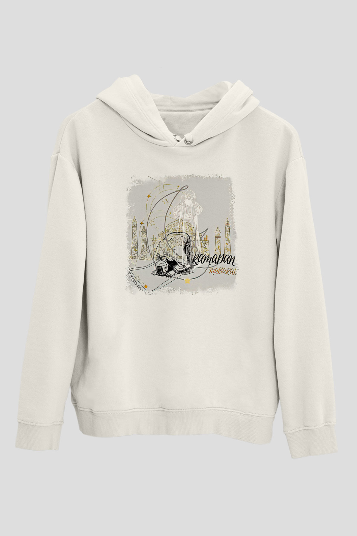 Ramazan Bayramı Baskılı Beyaz Unisex Kapüşonlu Sweatshirt