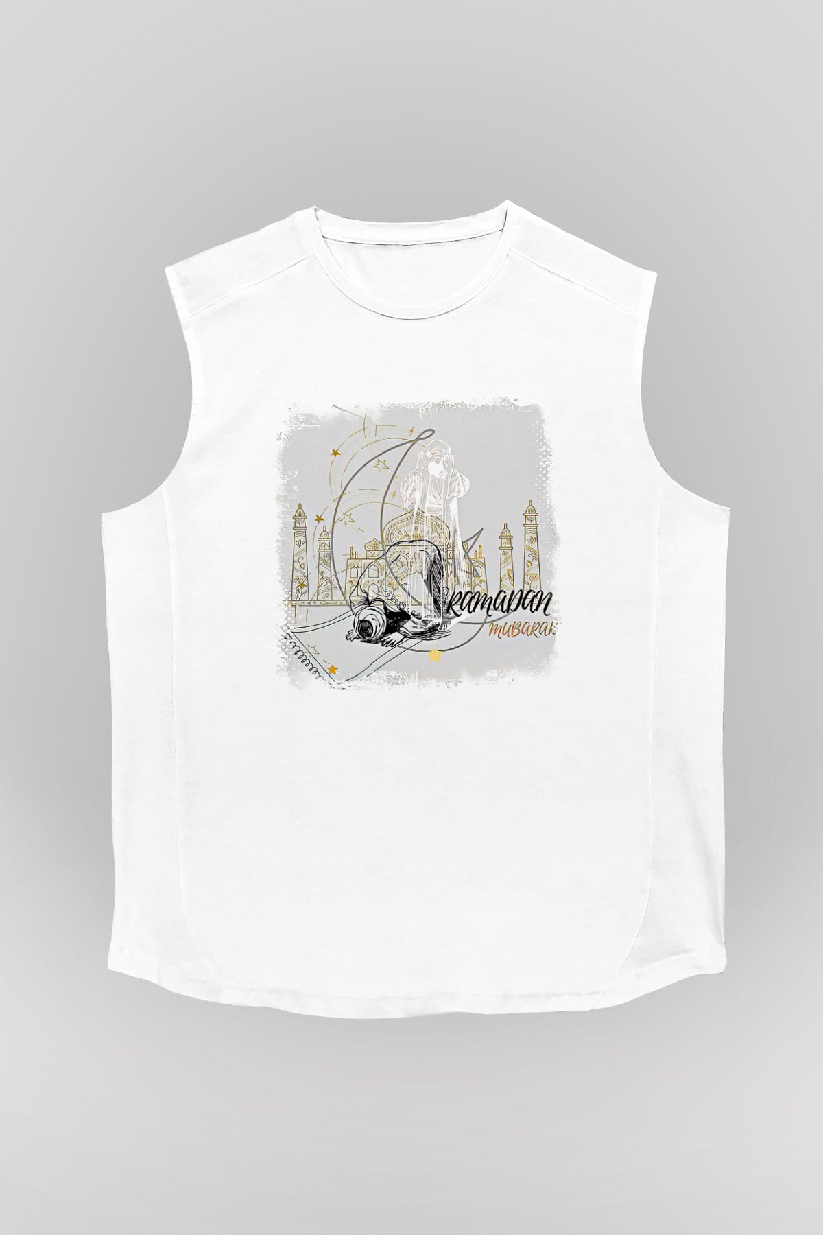 Ramazan Bayramı Baskılı Beyaz Unisex Kolsuz Tişört - Tshirt