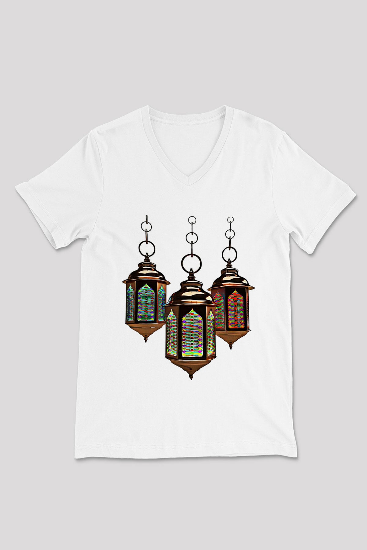 Ramazan Bayramı Baskılı Beyaz Unisex V Yaka Tişört - Tshirt