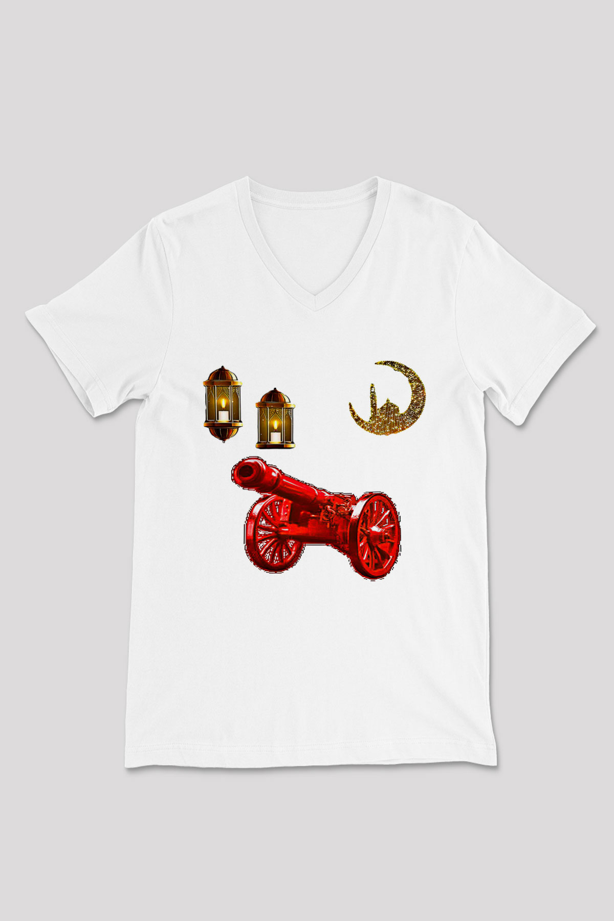 Ramazan Bayramı Baskılı Beyaz Unisex V Yaka Tişört - Tshirt