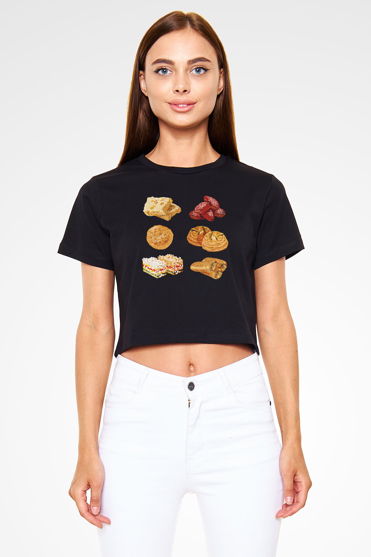 Ramazan Bayramı Baskılı Siyah Crop Top Kadın Tişört - Tshirt