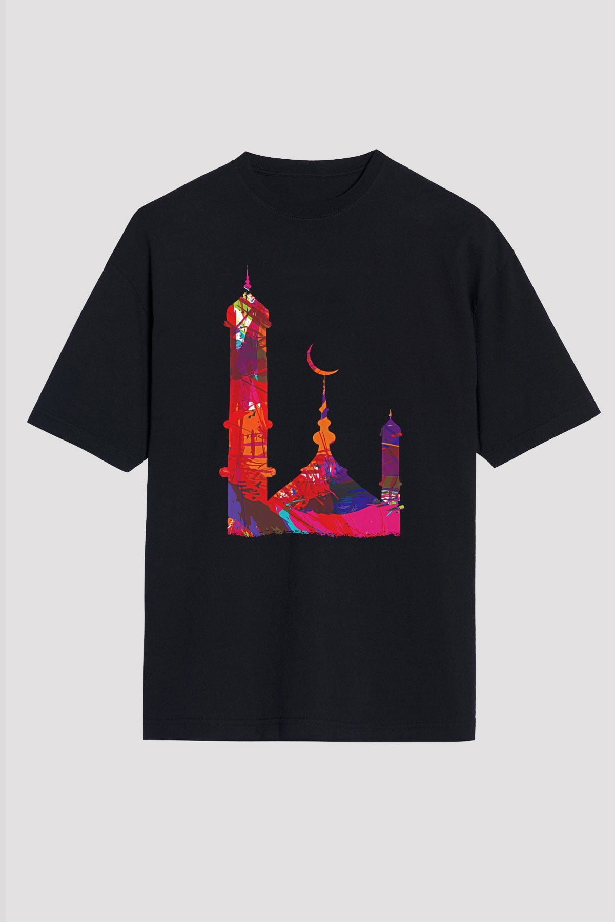 Ramazan Bayramı Baskılı Unisex Siyah Oversize Tişört - Tshirt