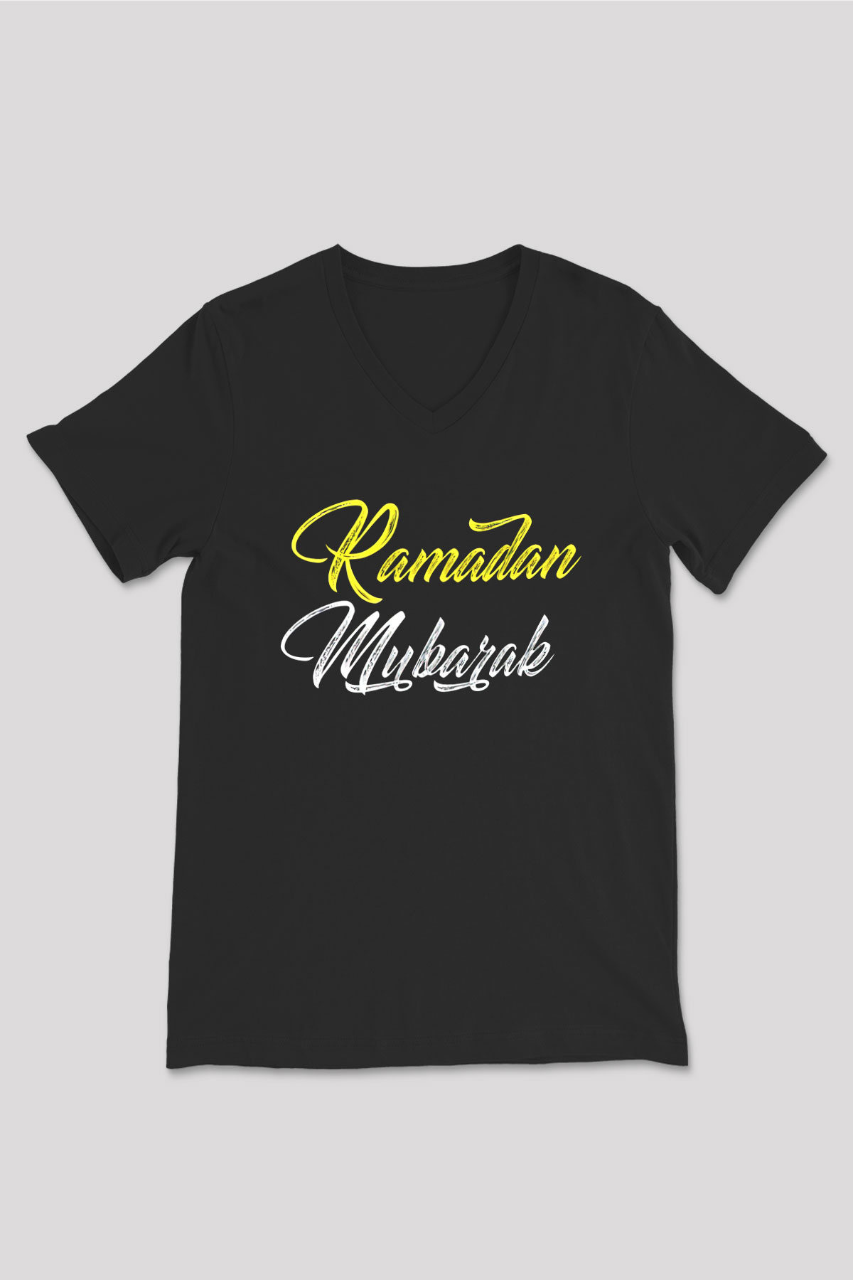 Ramazan Bayramı Baskılı Unisex Siyah V Yaka Tişört - Tshirt