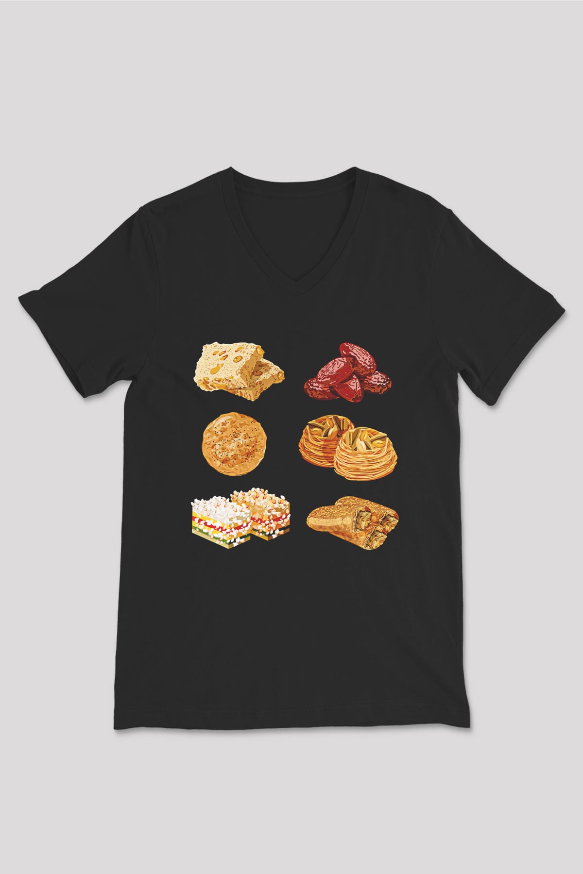Ramazan Bayramı Baskılı Unisex Siyah V Yaka Tişört - Tshirt