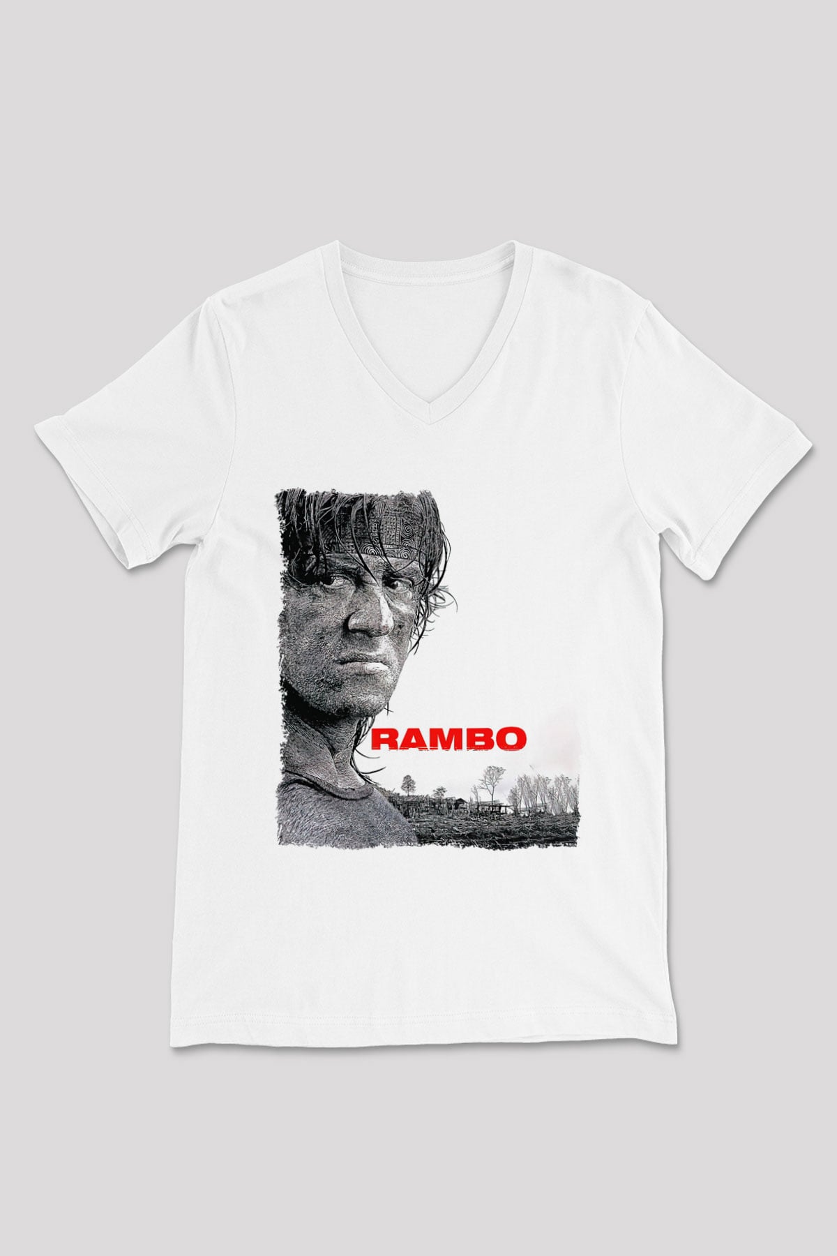 Rambo Beyaz Unisex V Yaka Tişört
