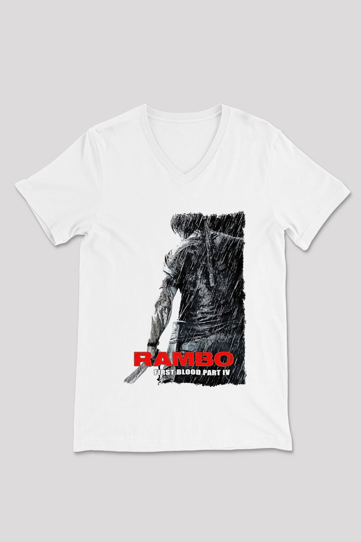 Rambo Beyaz Unisex V Yaka Tişört