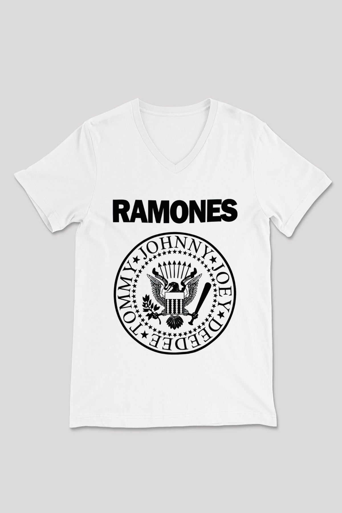 Ramones Beyaz Unisex V Yaka Tişört T-Shirt