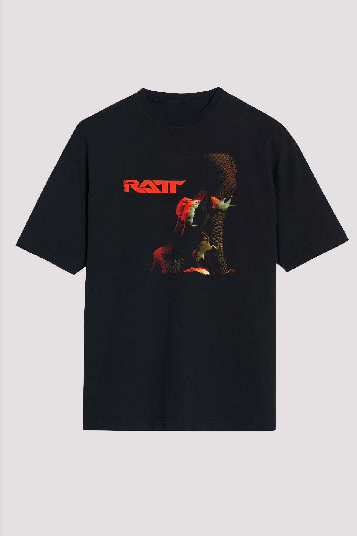 Ratt Baskılı Unisex Siyah Oversize Tişört - Tshirt