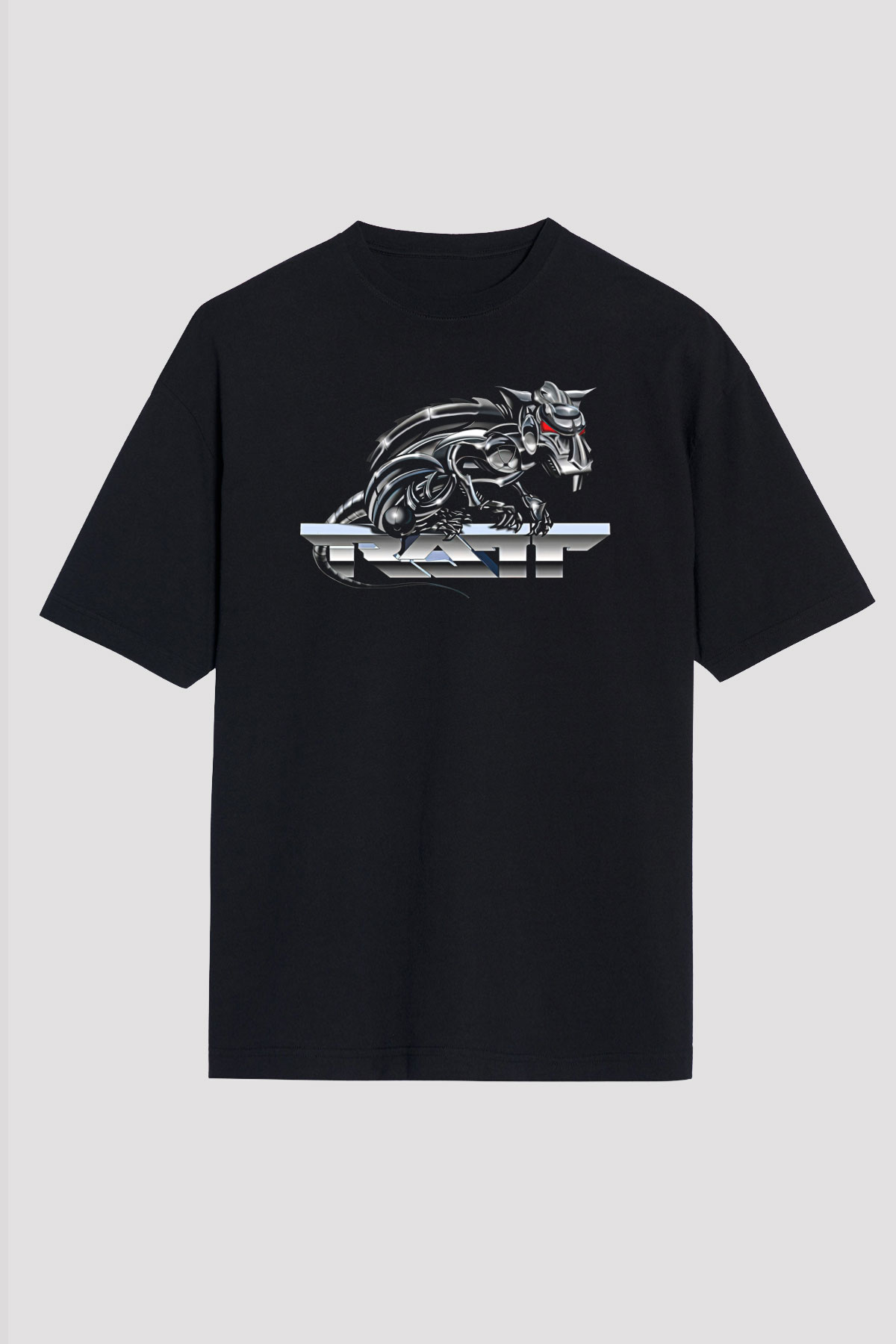 Ratt Baskılı Unisex Siyah Oversize Tişört - Tshirt