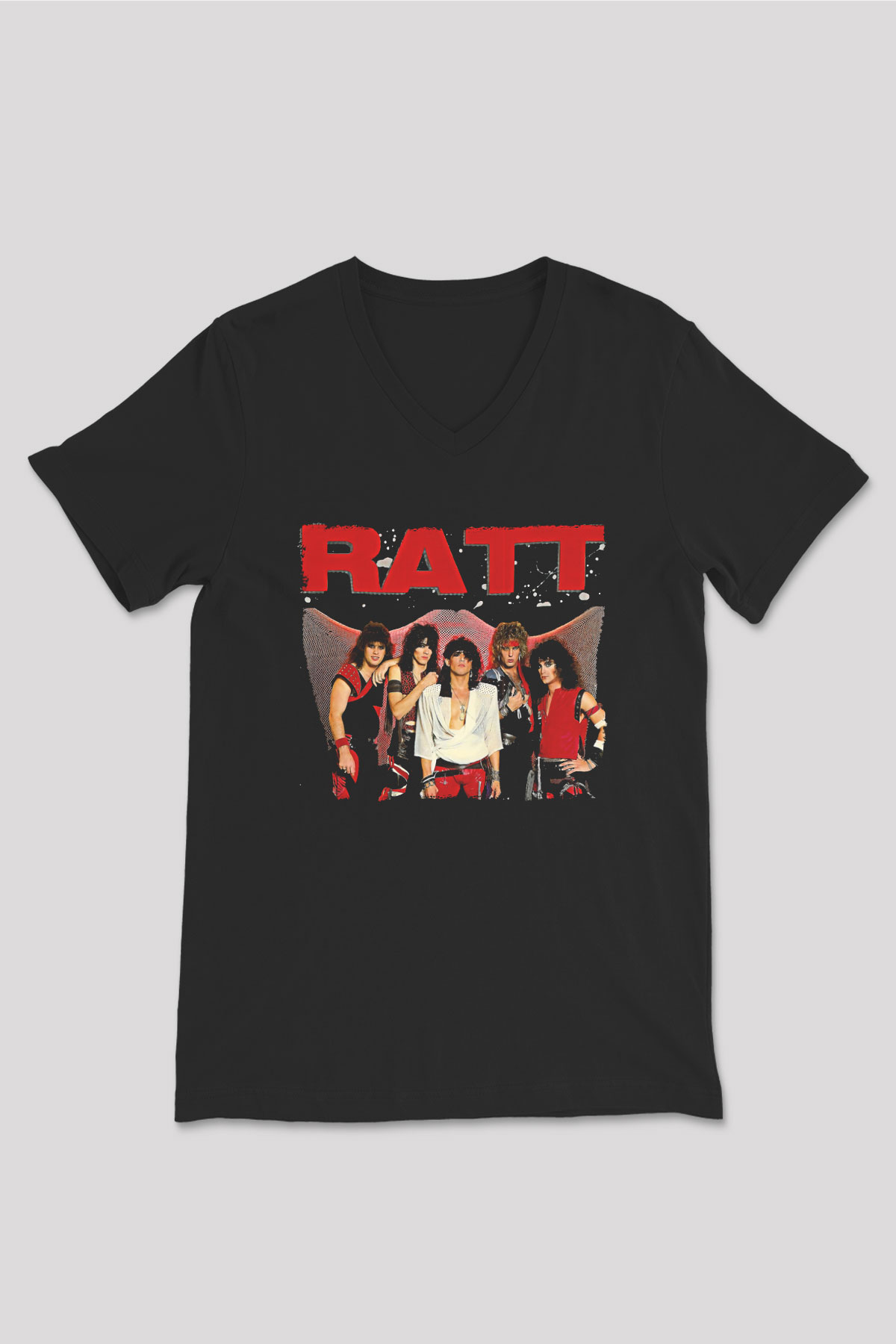 Ratt Baskılı Unisex Siyah V Yaka Tişört - Tshirt