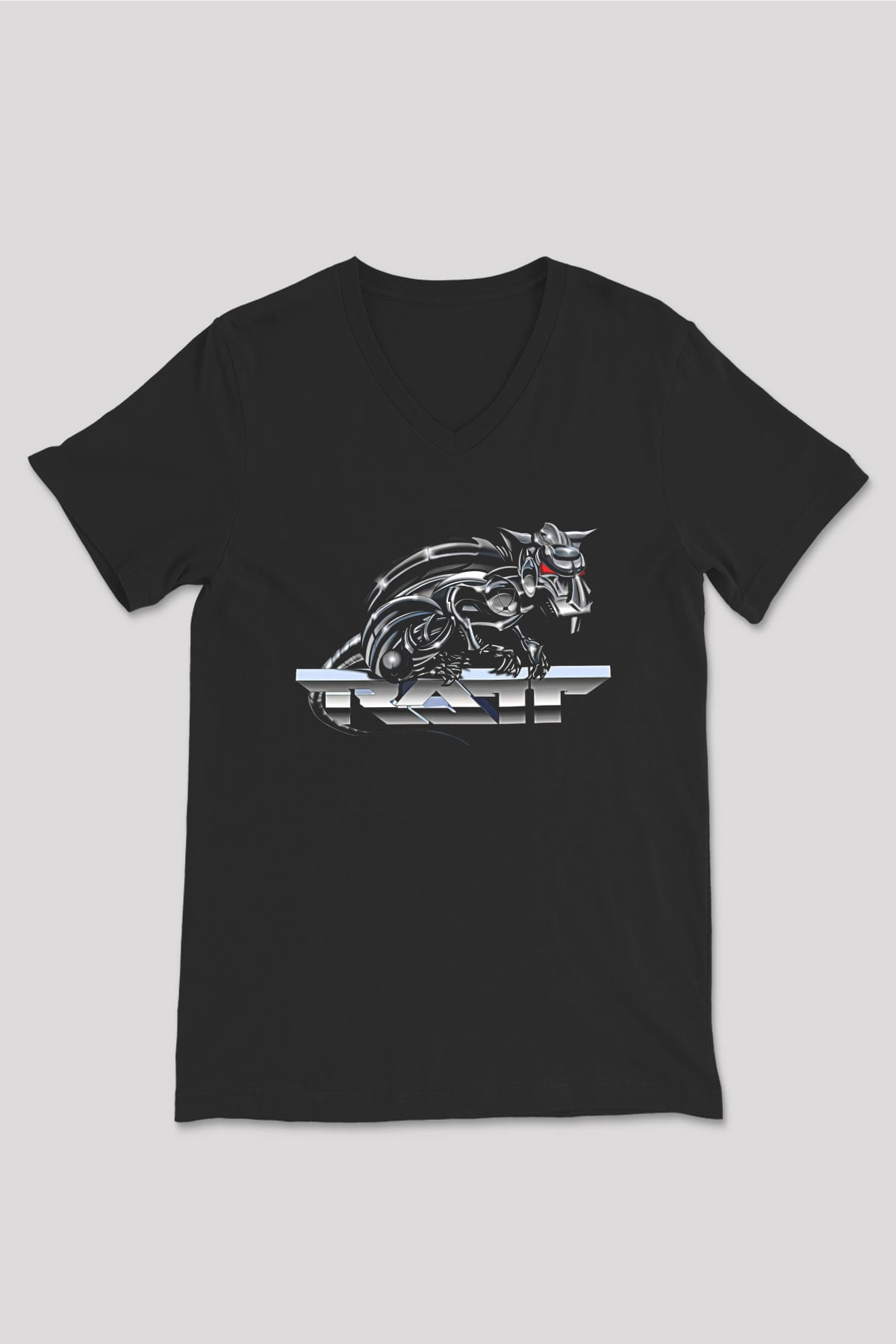 Ratt Baskılı Unisex Siyah V Yaka Tişört - Tshirt