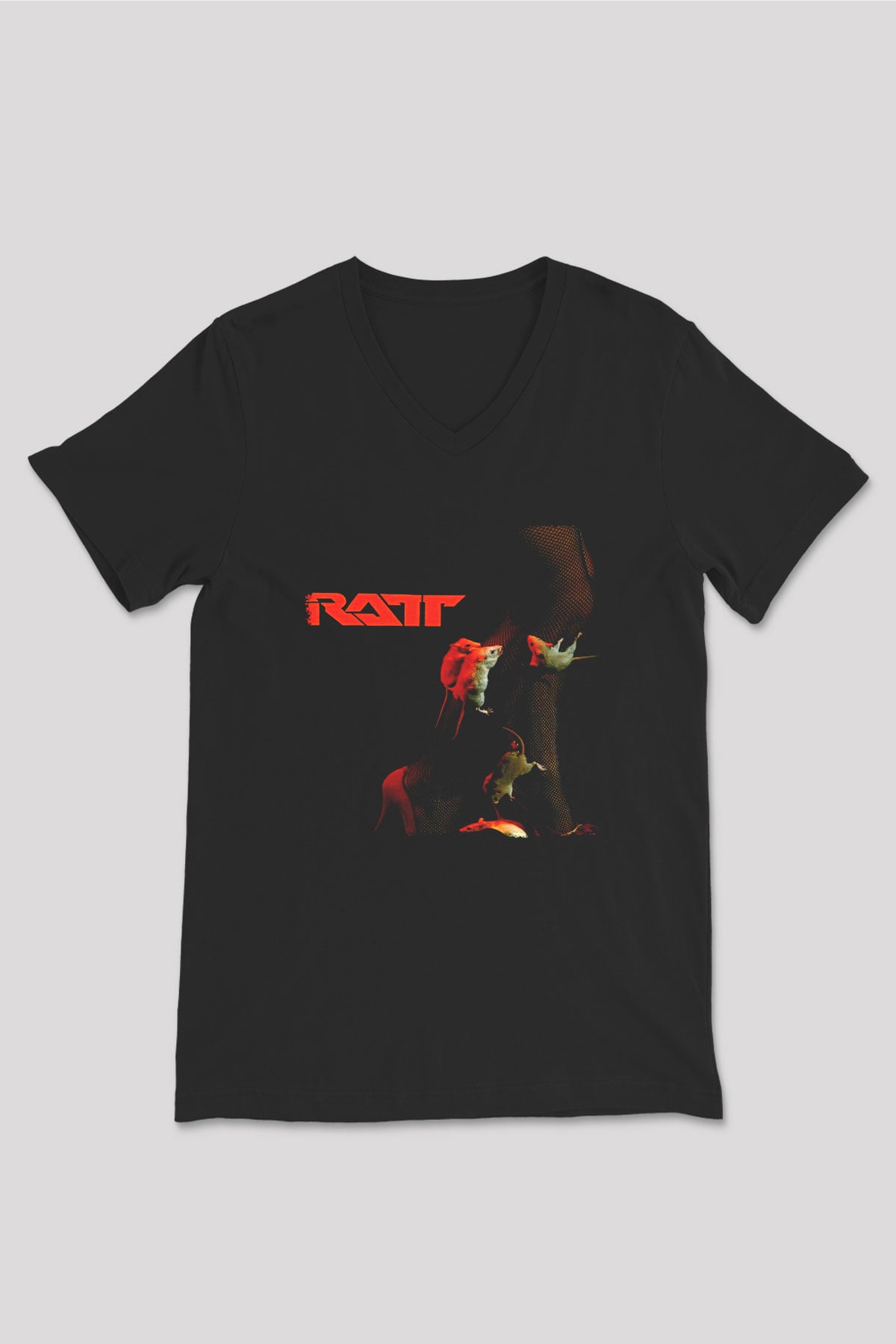 Ratt Baskılı Unisex Siyah V Yaka Tişört - Tshirt