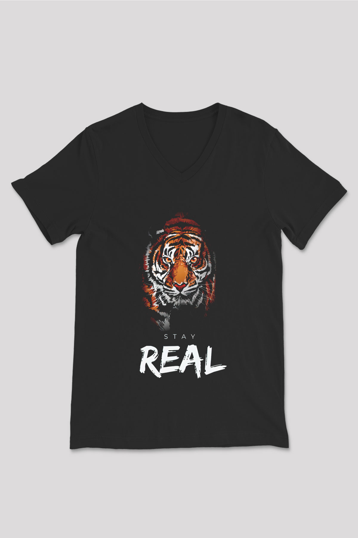 Real Stay Kaplan Baskılı Unisex Siyah  V Yaka Tişört