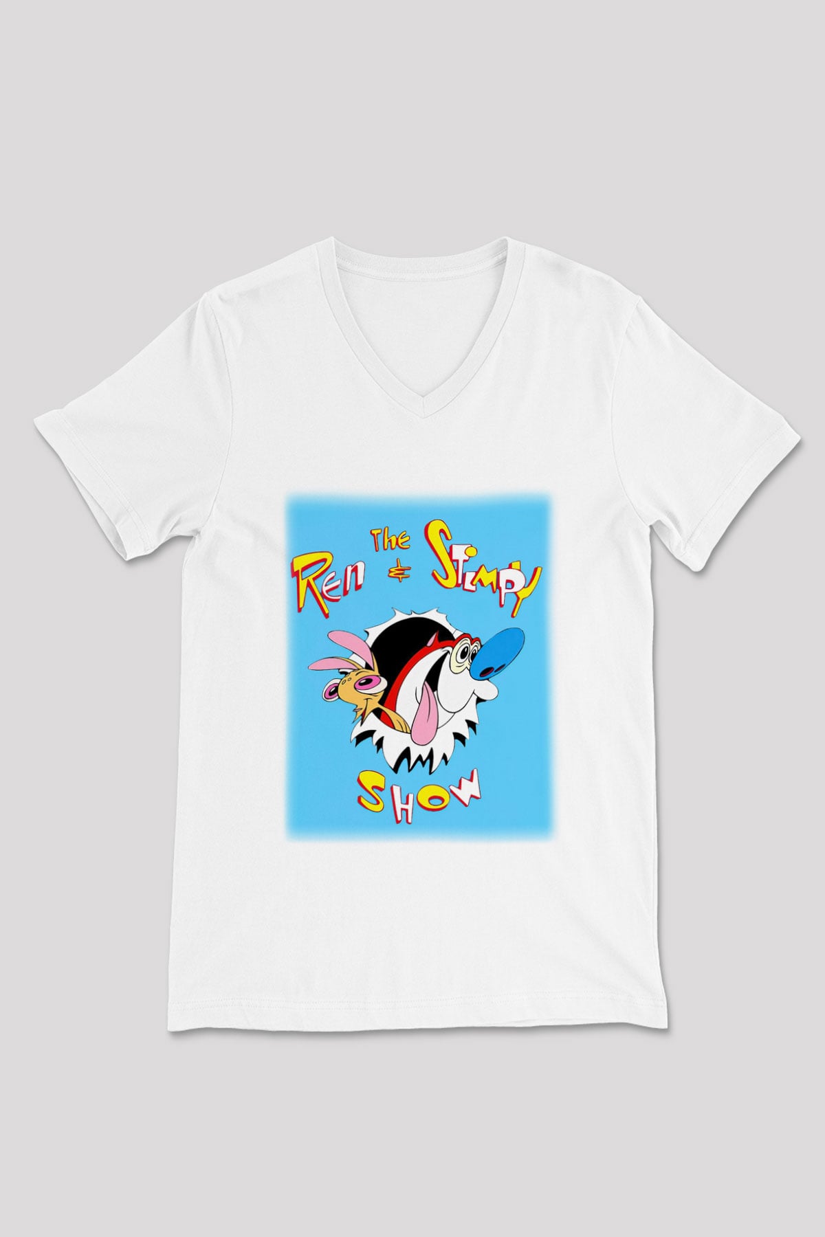 Ren and Stimpy Show Beyaz Unisex V Yaka Tişört T-Shirt