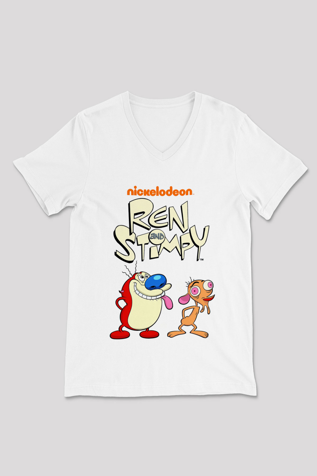 Ren and Stimpy Show Beyaz Unisex V Yaka Tişört