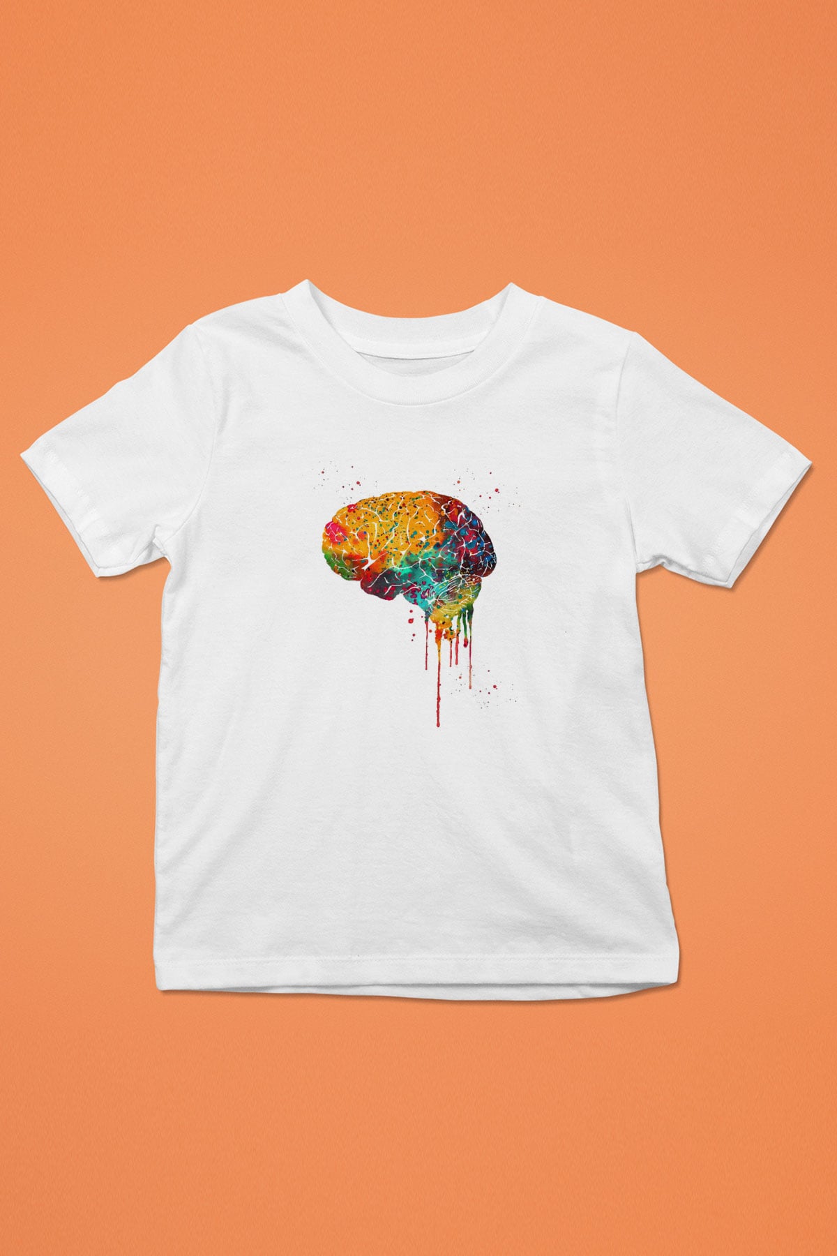 Renkli Akışkan İnsan Beyni Baskılı Unisex Beyaz Çocuk Tişörtü - Tshirt