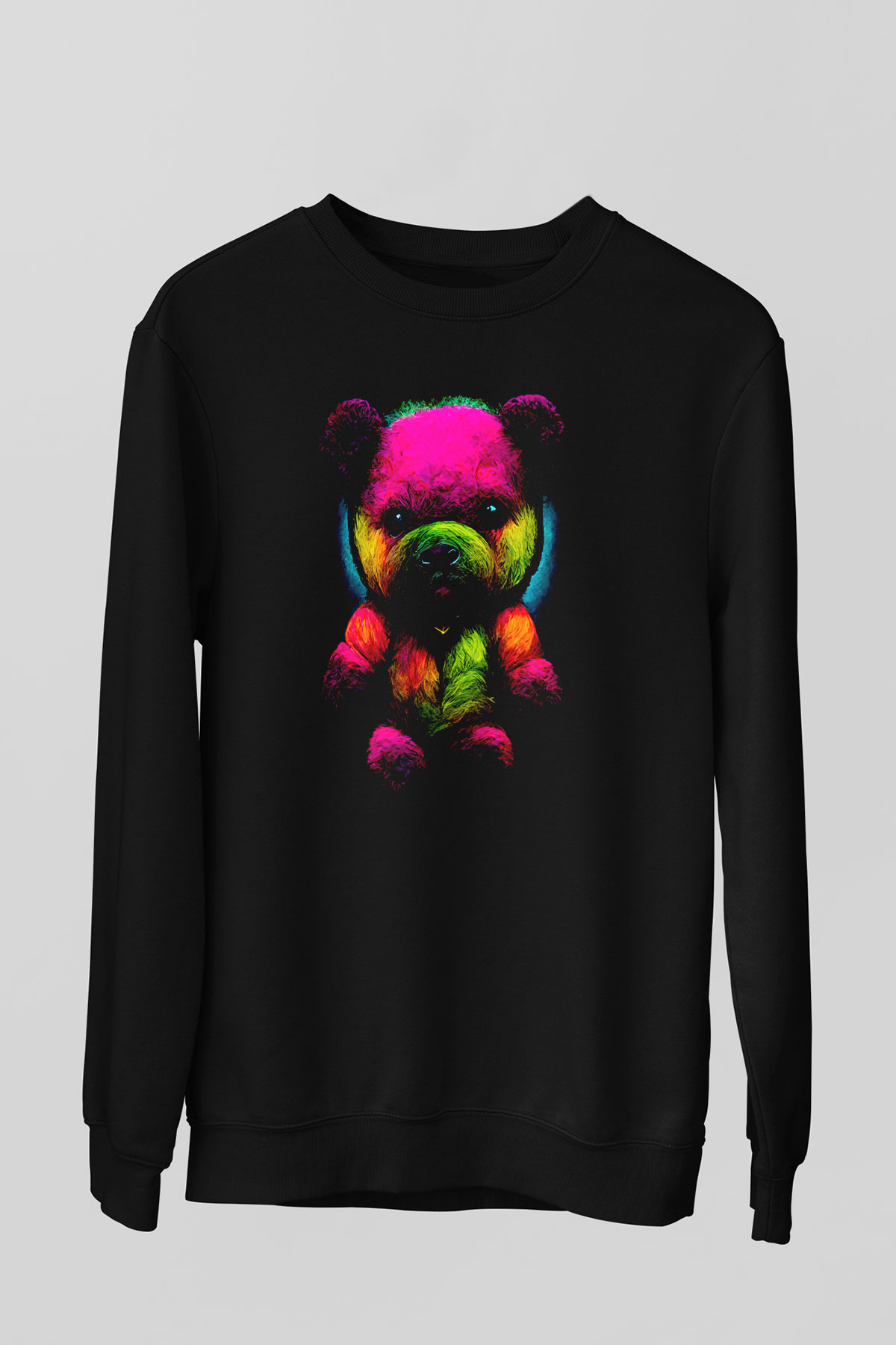 Renkli Ayıcık Baskılı Unisex Siyah  Sweatshirt