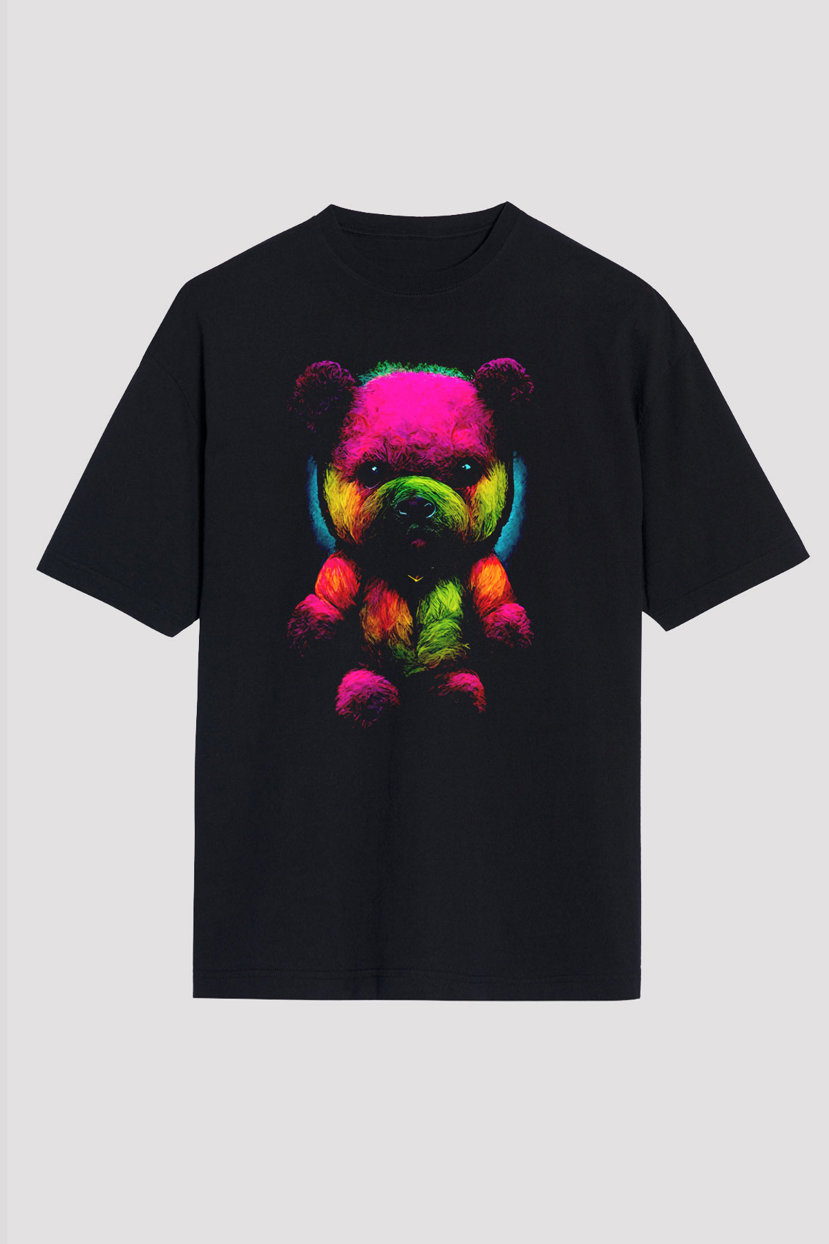 Renkli Ayıcık Baskılı Unisex Siyah Tişört