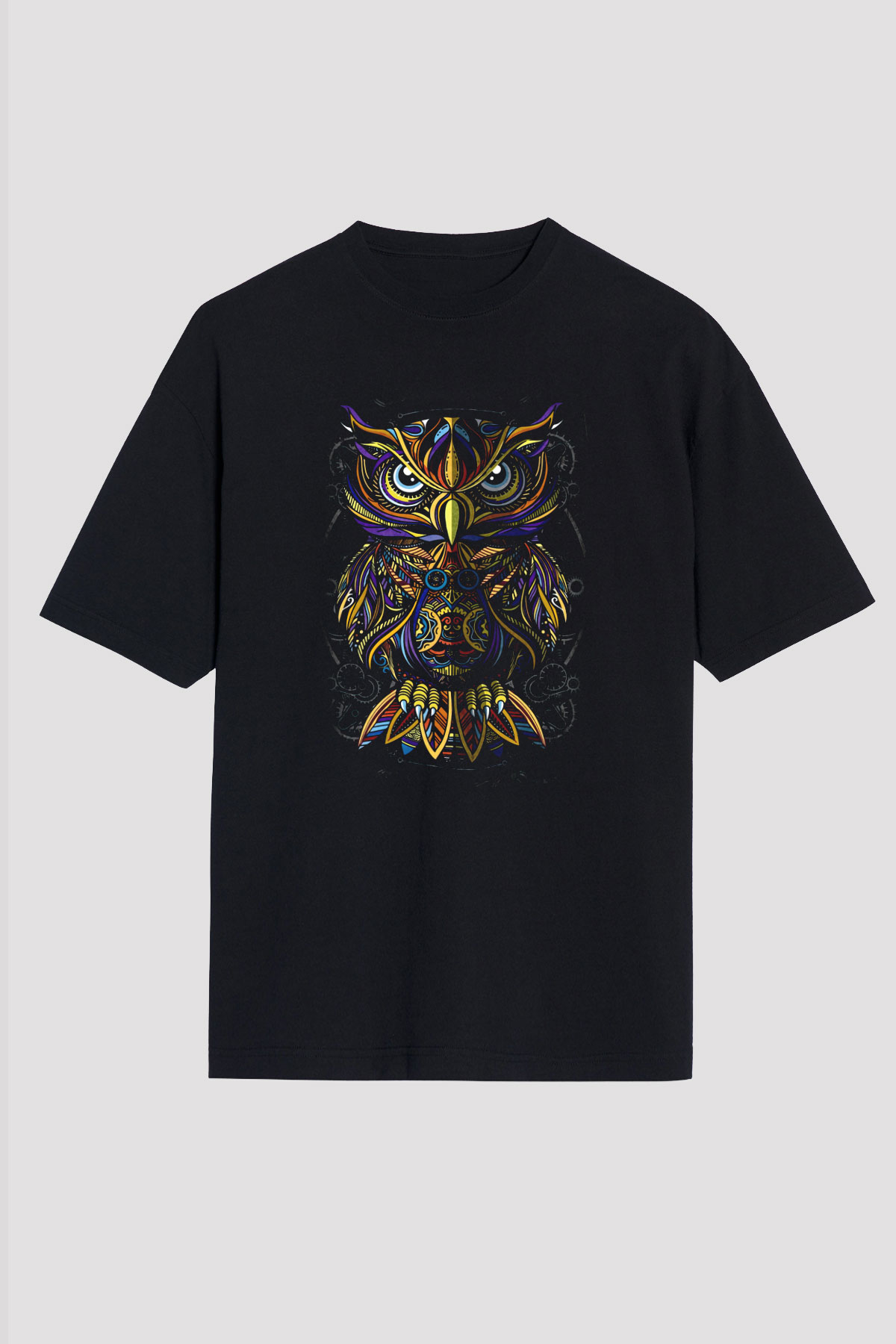 Renkli Baykuş Baskılı Unisex Siyah Tişört