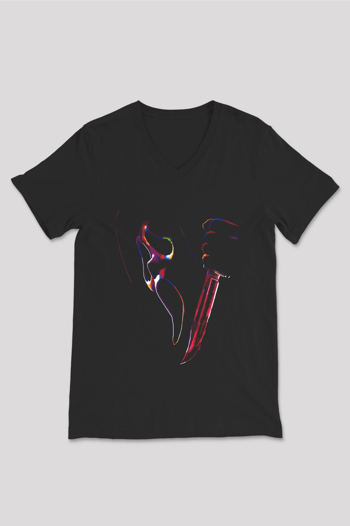 Renkli Çığlık Baskılı Unisex Siyah  V Yaka Tişört
