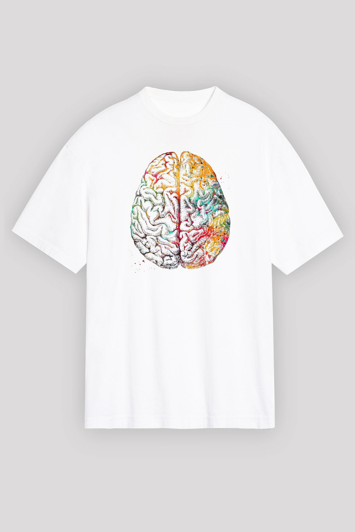 Renkli İnsan Beyni Baskılı Unisex Oversize Beyaz Tişört - Tshirt
