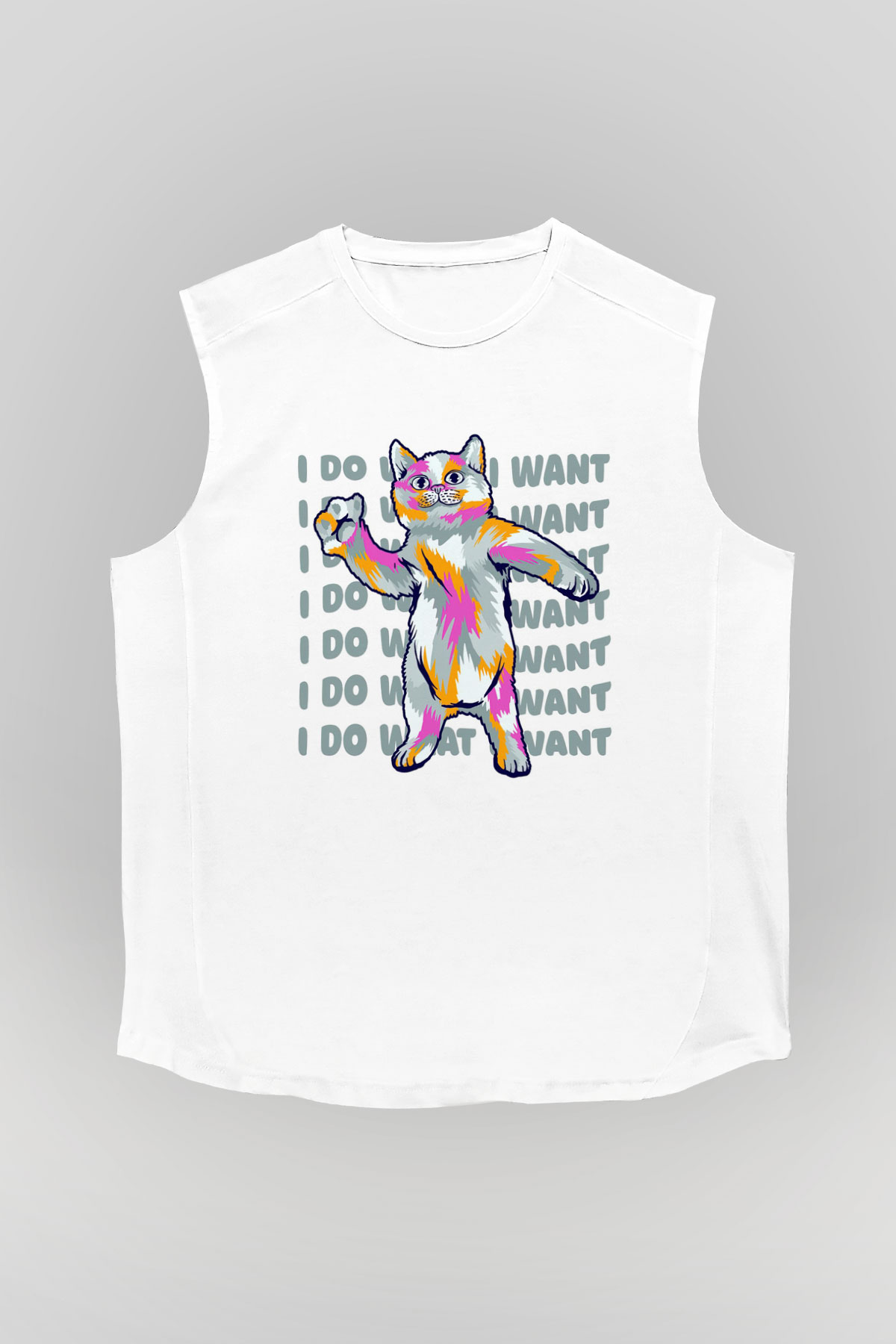 Renkli Kedi Baskılı Unisex Beyaz  Kolsuz Tişört