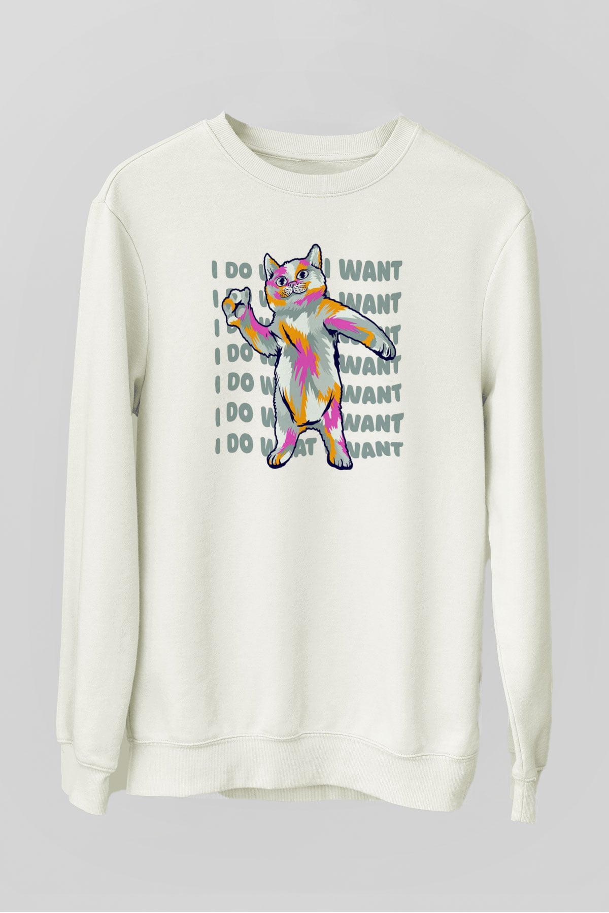 Renkli Kedi Baskılı Unisex Beyaz  Sweatshirt