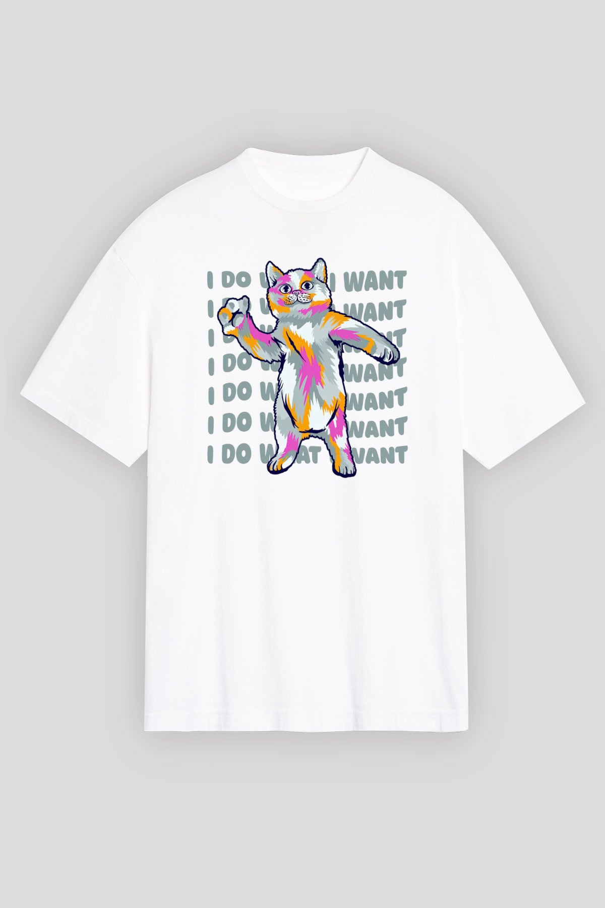 Renkli Kedi Baskılı Unisex Beyaz Tişört