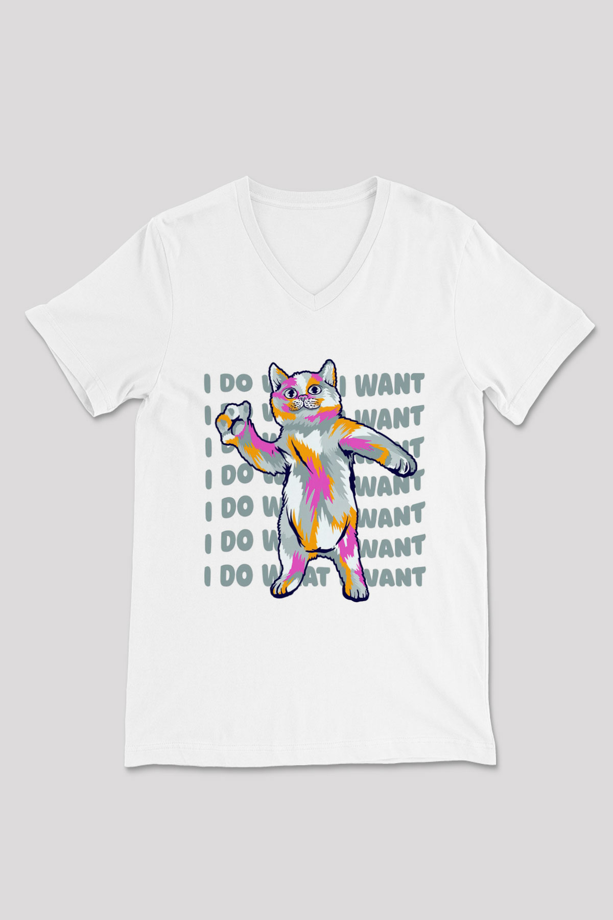 Renkli Kedi Baskılı Unisex Beyaz  V Yaka Tişört