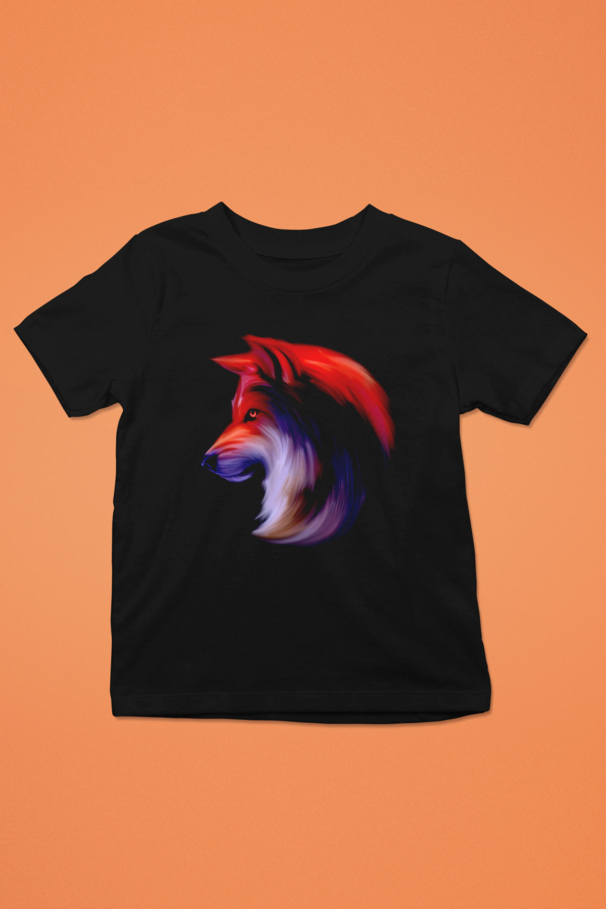 Renkli Kurt Baskılı Unisex Siyah  Çocuk Tişört