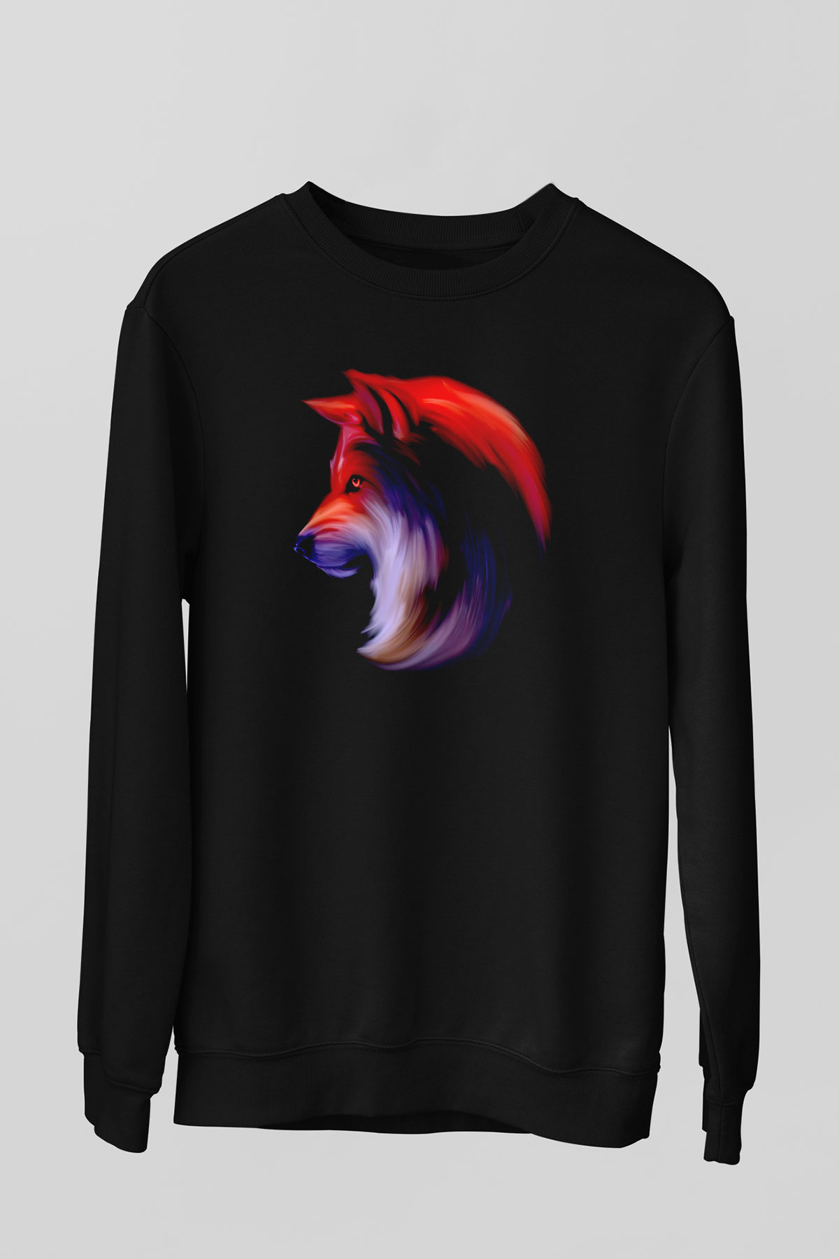 Renkli Kurt Baskılı Unisex Siyah  Sweatshirt