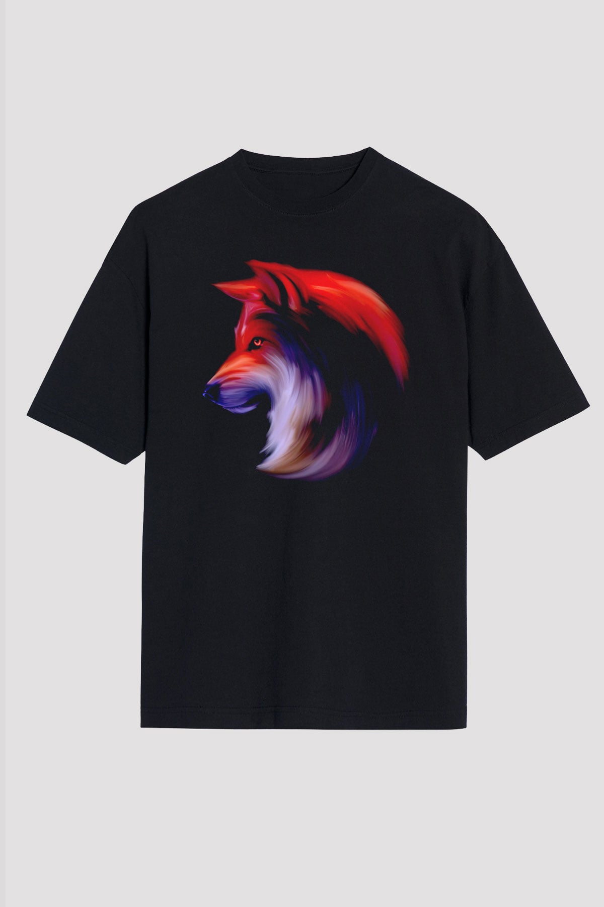 Renkli Kurt Baskılı Unisex Siyah Tişört