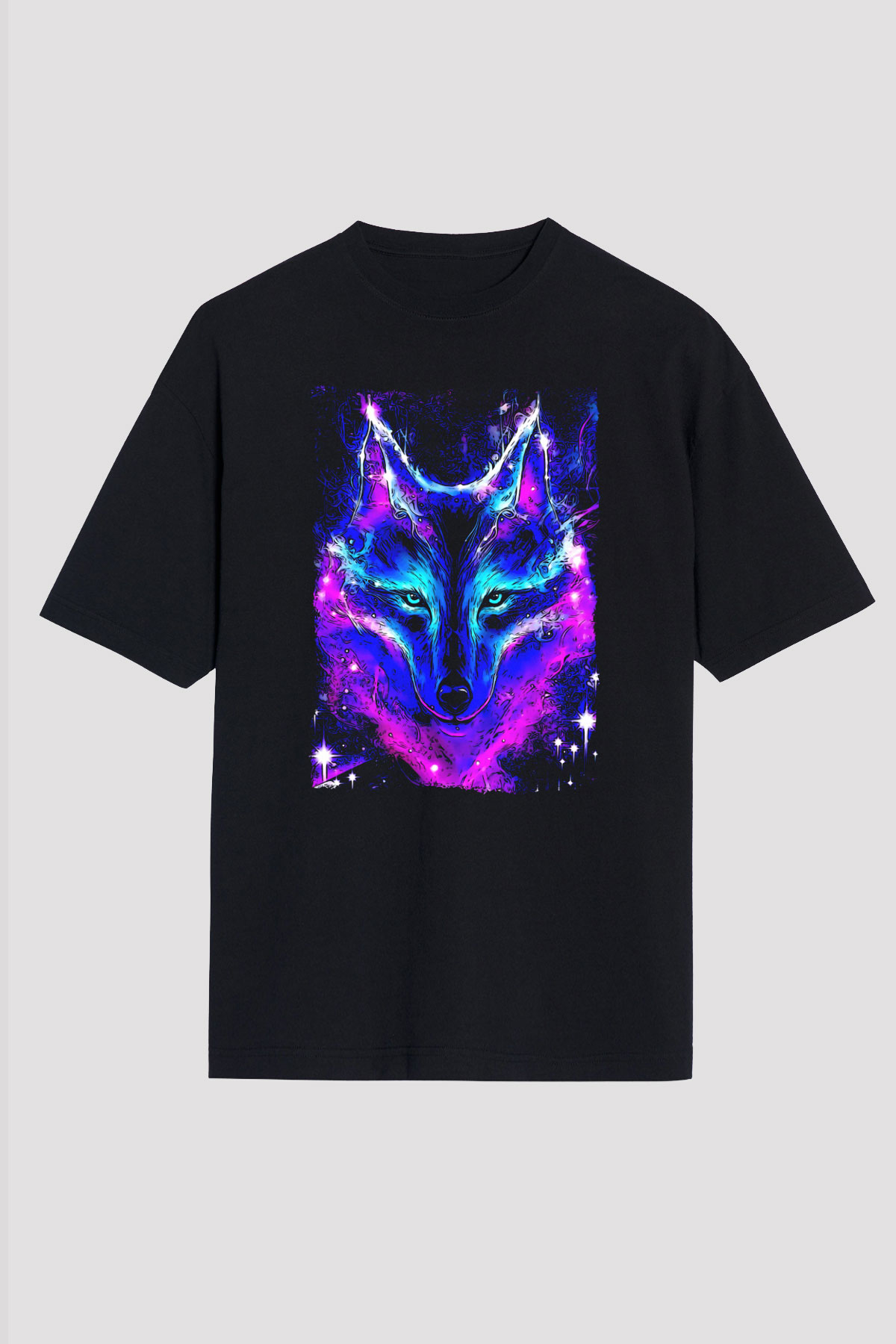 Renkli Kurt Baskılı Unisex Siyah Tişört