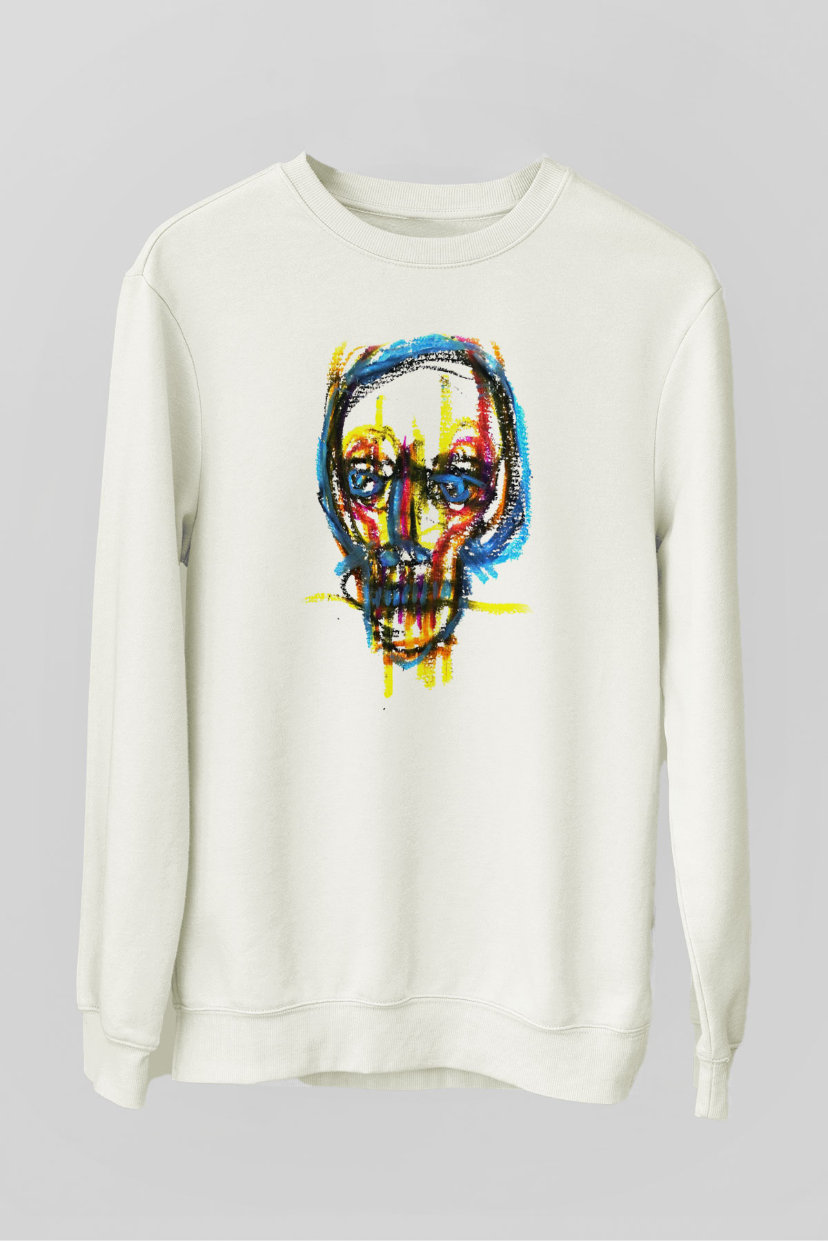 Renkli Kurukafa Baskılı Beyaz  Sweatshirt
