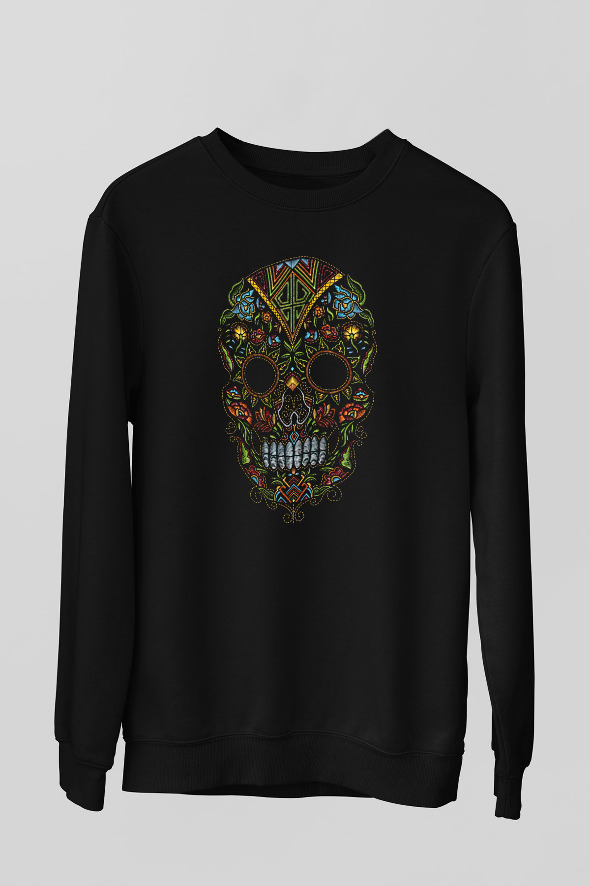 Renkli Kurukafa Baskılı Siyah  Sweatshirt