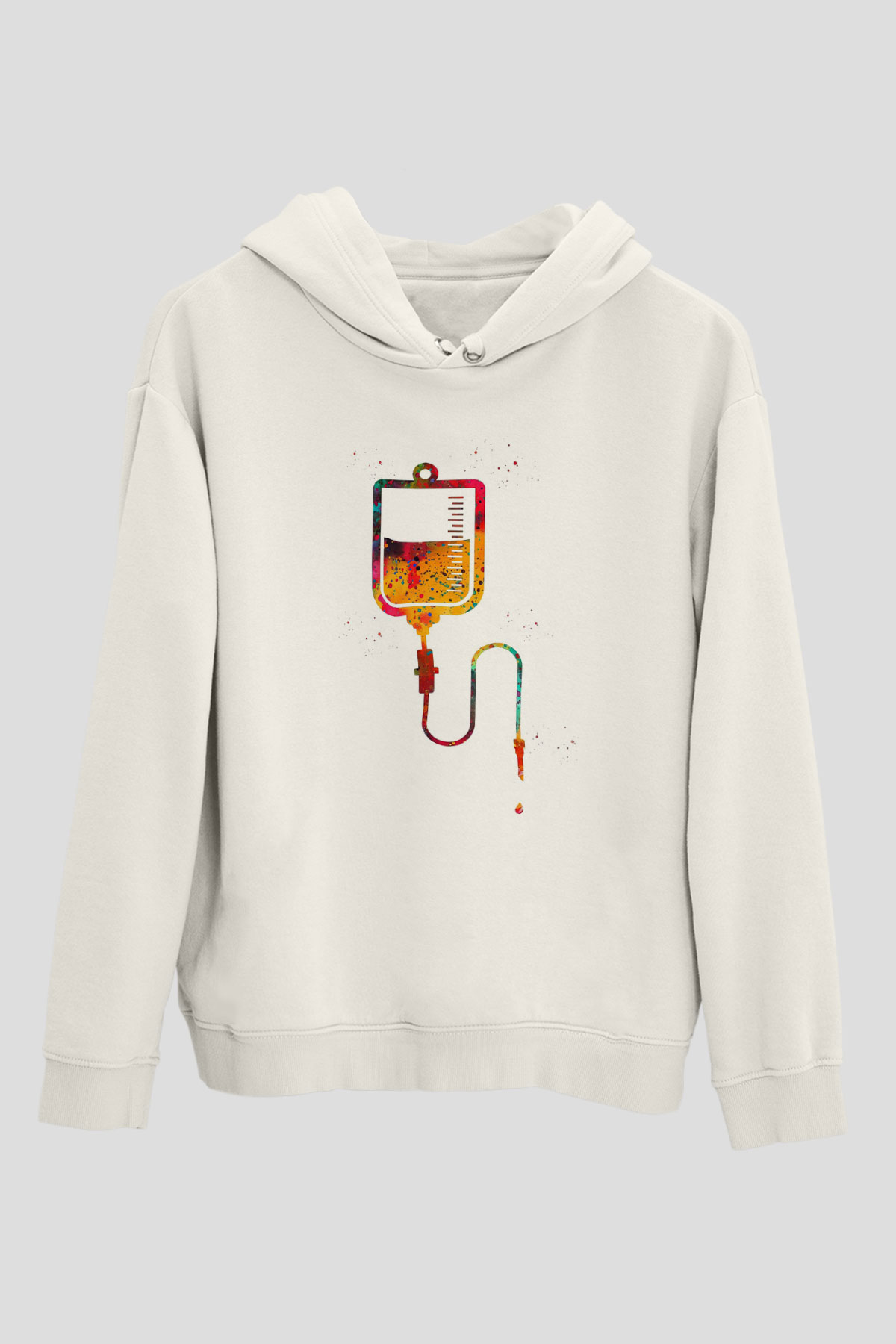 Renkli Serum Baskılı Unisex Ekru Hoodie