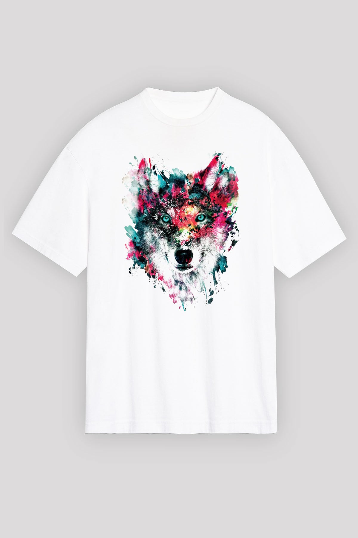 Renkli Suluboya Kurt Baskılı Unisex Beyaz Tshirt