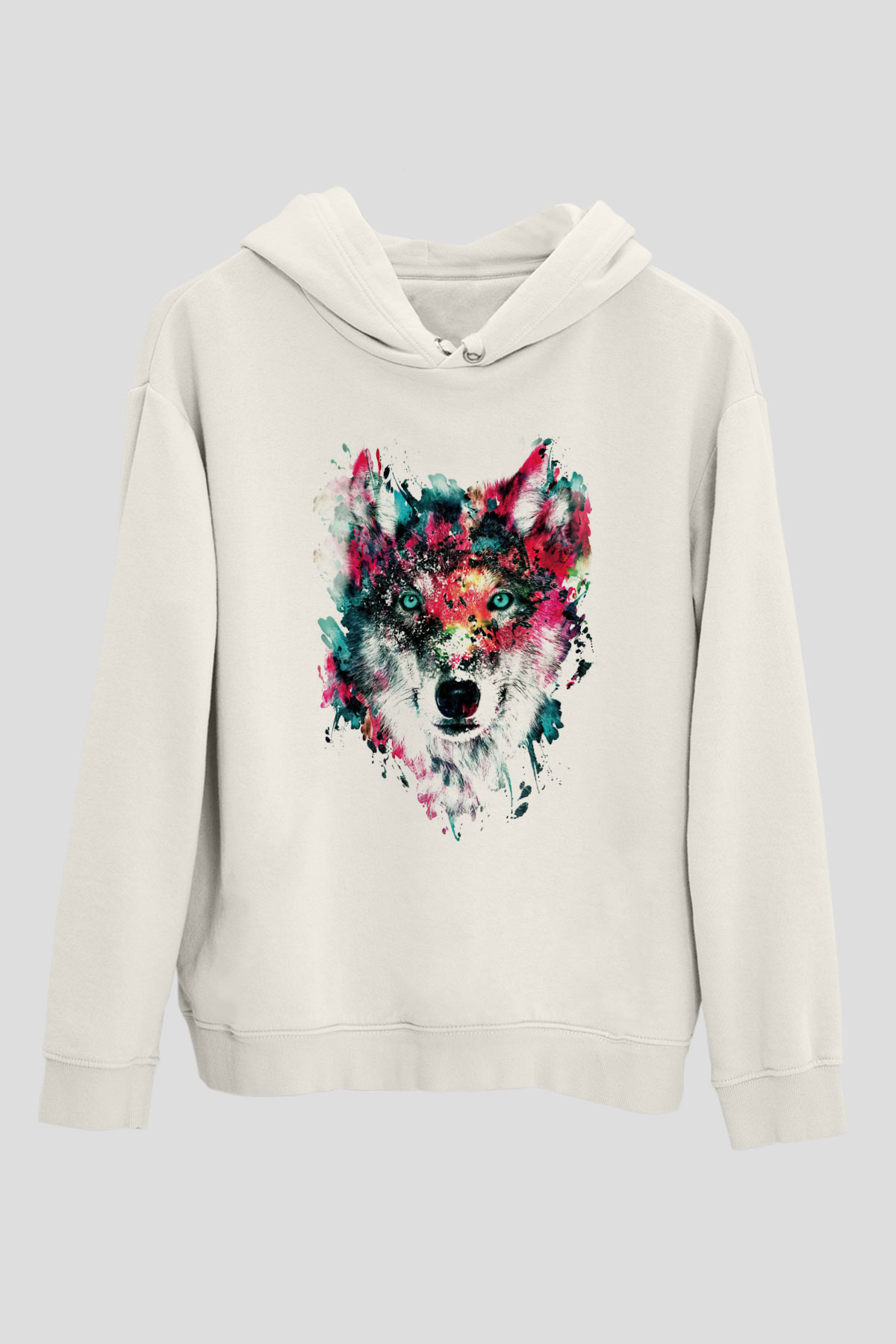 Renkli Suluboya KurtBeyaz Tshirt Unisex Hoodie